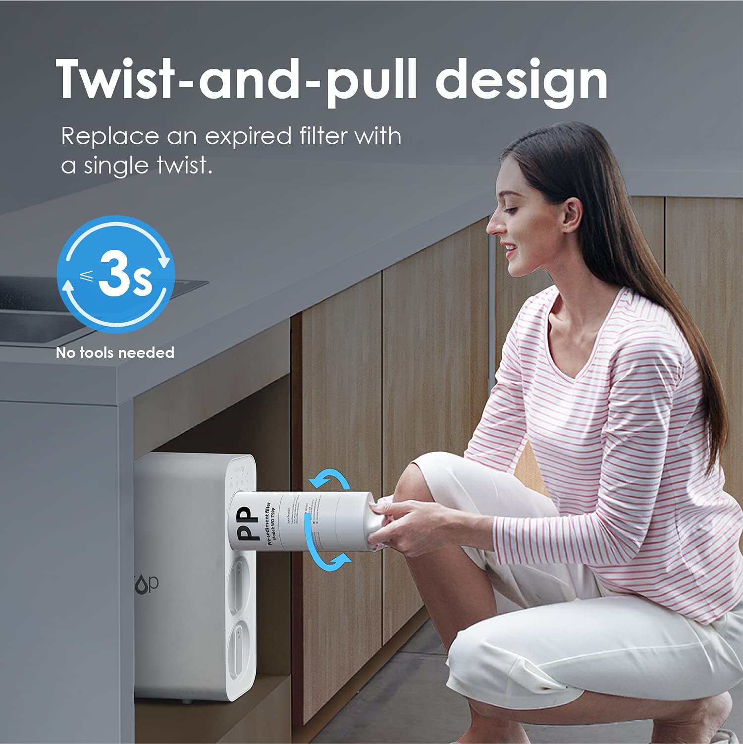 Waterdrop TSPP Filtre à eau sédimentaire sous l'évier, système de filtration d'eau à ultrafiltration 3 étapes de remplacement TSU-W sous l'évier, 1 pack