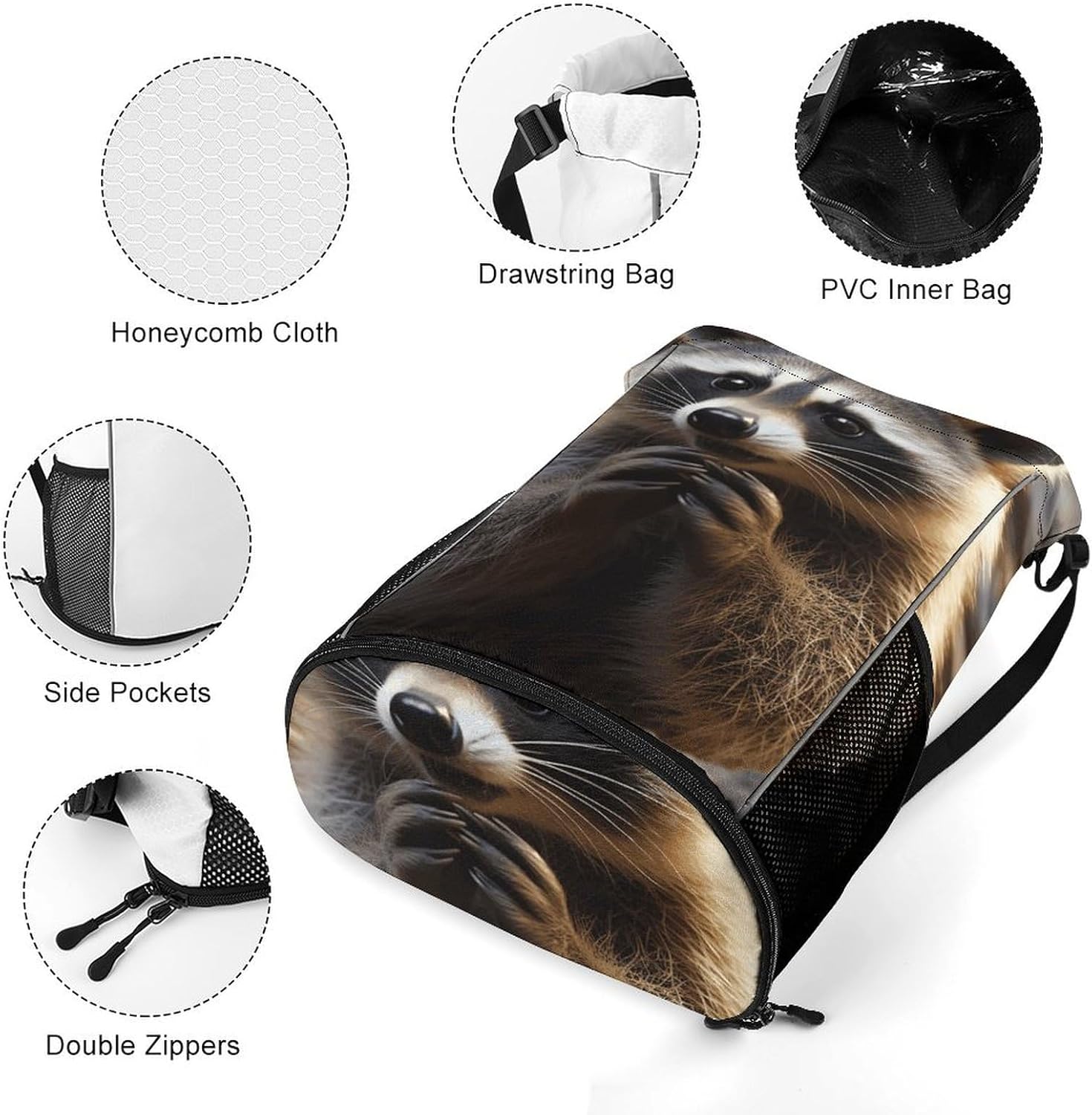 Sports Drawstring Backpack Cute Raccoon Lightweight Backpack Dry And Wet Separation Large Capacity