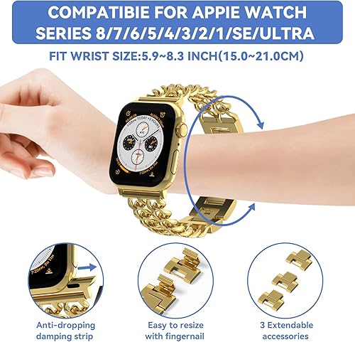 Miniatura 4 de Gold Watch Bands for Women Compatible with Apple Watch Band 38mm 40mm 41mm 42mm 44mm 45mm 46mm 49mm Adjustable Metal Band Cowboy Steel Chain