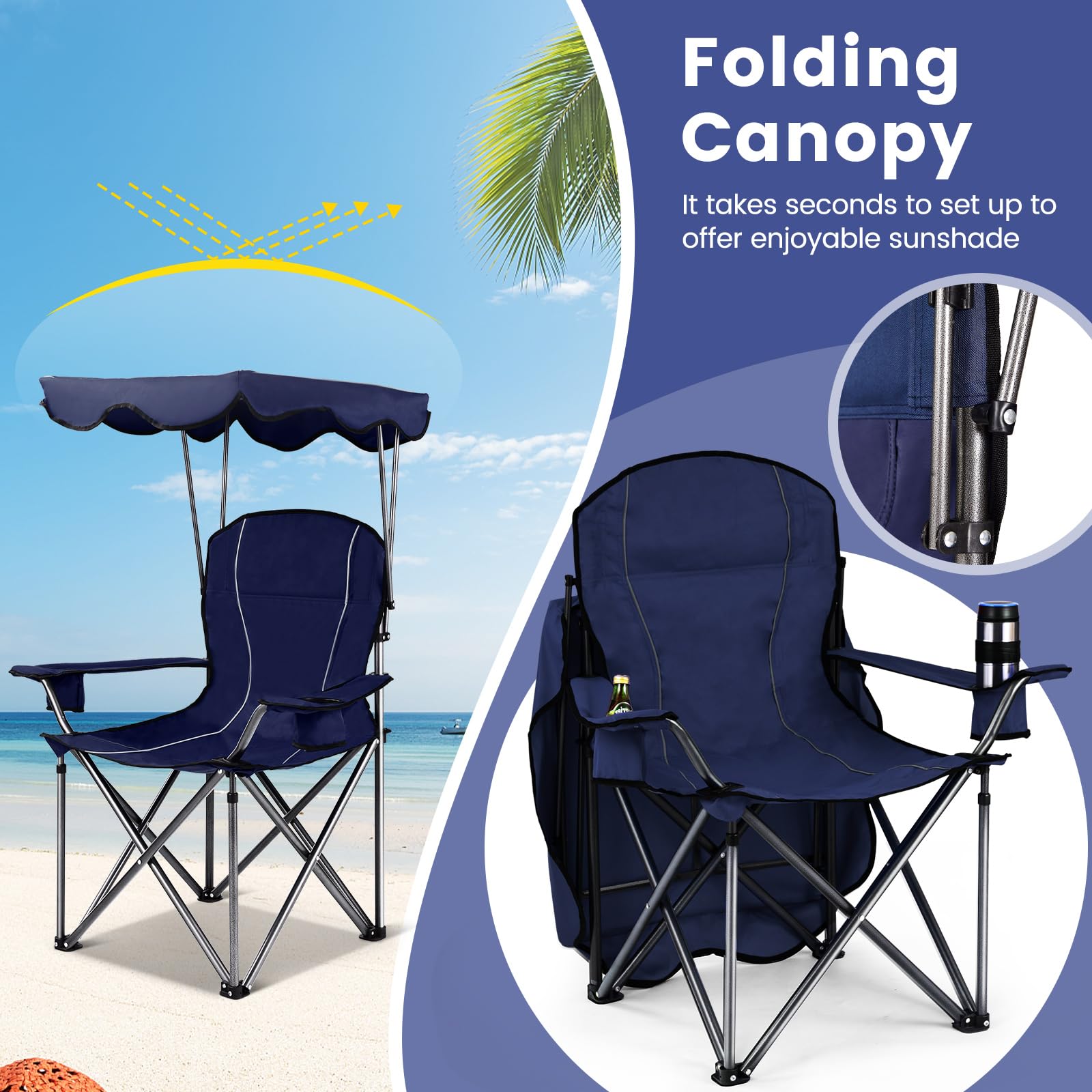 RELAX4LIFE Chaise de Camping Pliante avec Toit Parasol,Porte-Boisson, Chaise de Pêche en Cadre Métallique Charge Max 120 kg pour Camping Pêche Excursion Plage (Bleu)