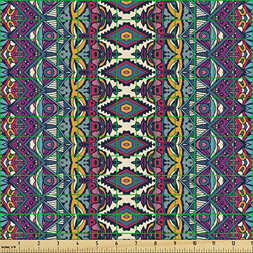 Image of Ambesonne Ethnic Fabric by The Yard, Colorful Composition with Triangles and Chevron Zigzags Mexican Culture Inspirations, Decorative Fabric for Upholstery and Home Accents, 3 Yards, Dark Purple
