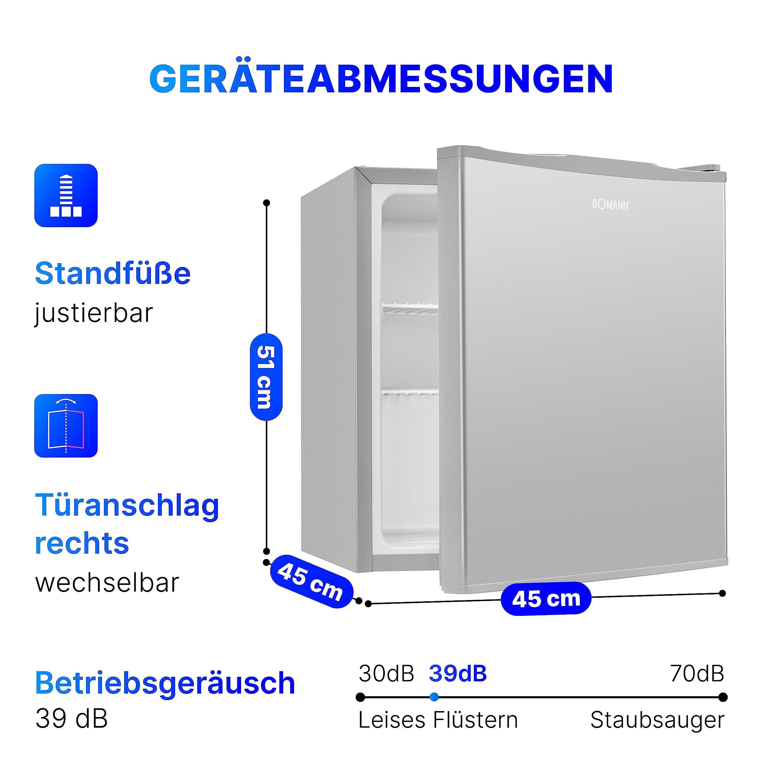 Bomann Mini Kühlschrank 42 Liter Getränkekühlschrank leise 39 dB KB 7346 inox 51x45x45 cm
