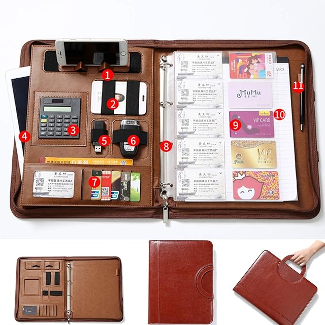 A4 Zipper Leather New Version Conference Folder Business Document Bag Portfolio with Ring BinderA4 Writing Pad Card HoldersCalculator and Notebook Business Document File Folder