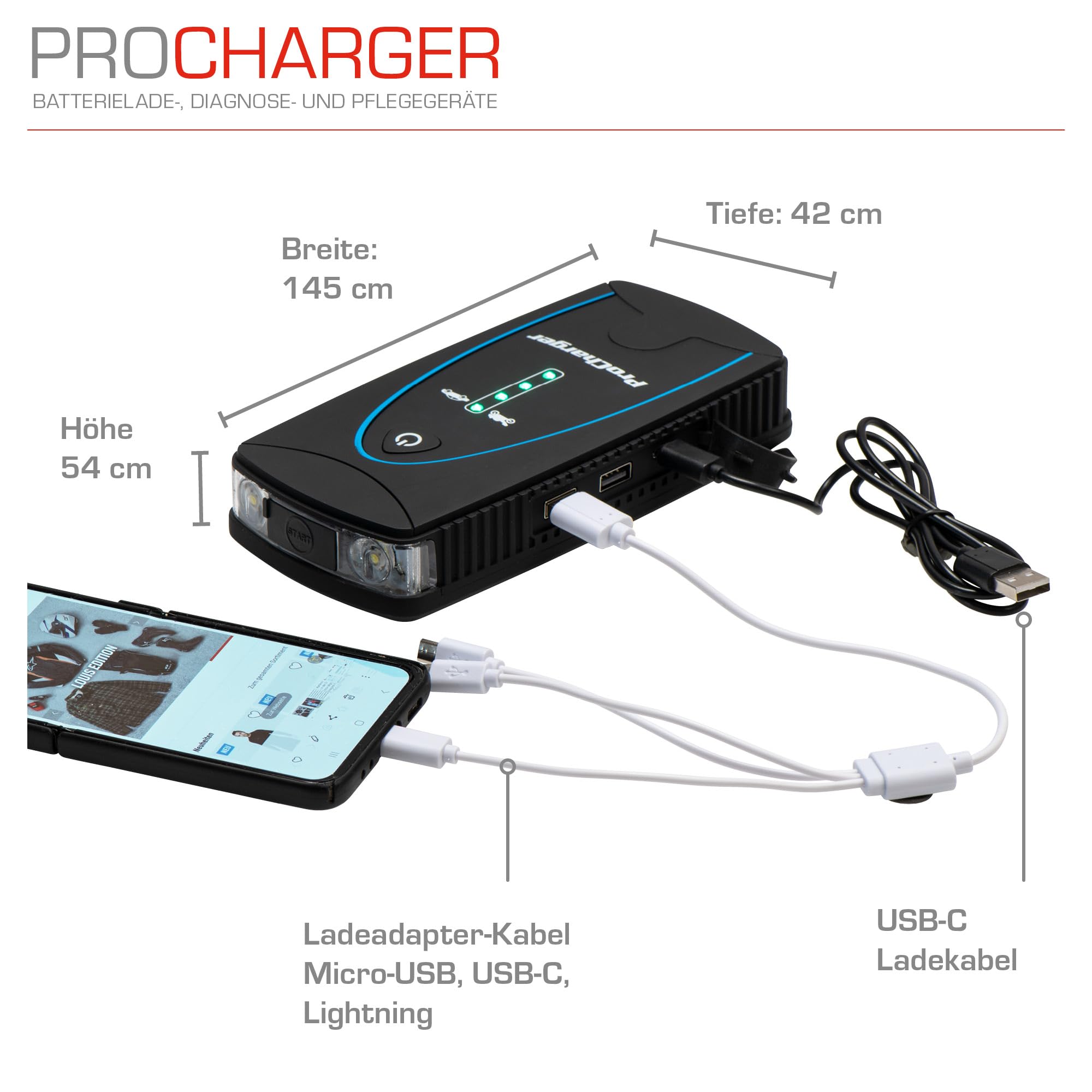 ProCharger Startbooster & Akkupack 10.000mA, 12V Lithium Starthilfe Powerbank für PKW, Tragbares Batterieladegerät Auto, Starthilfe Powerbank mit Überbrückungskabel Auto, Batterieladegerät Motorrad