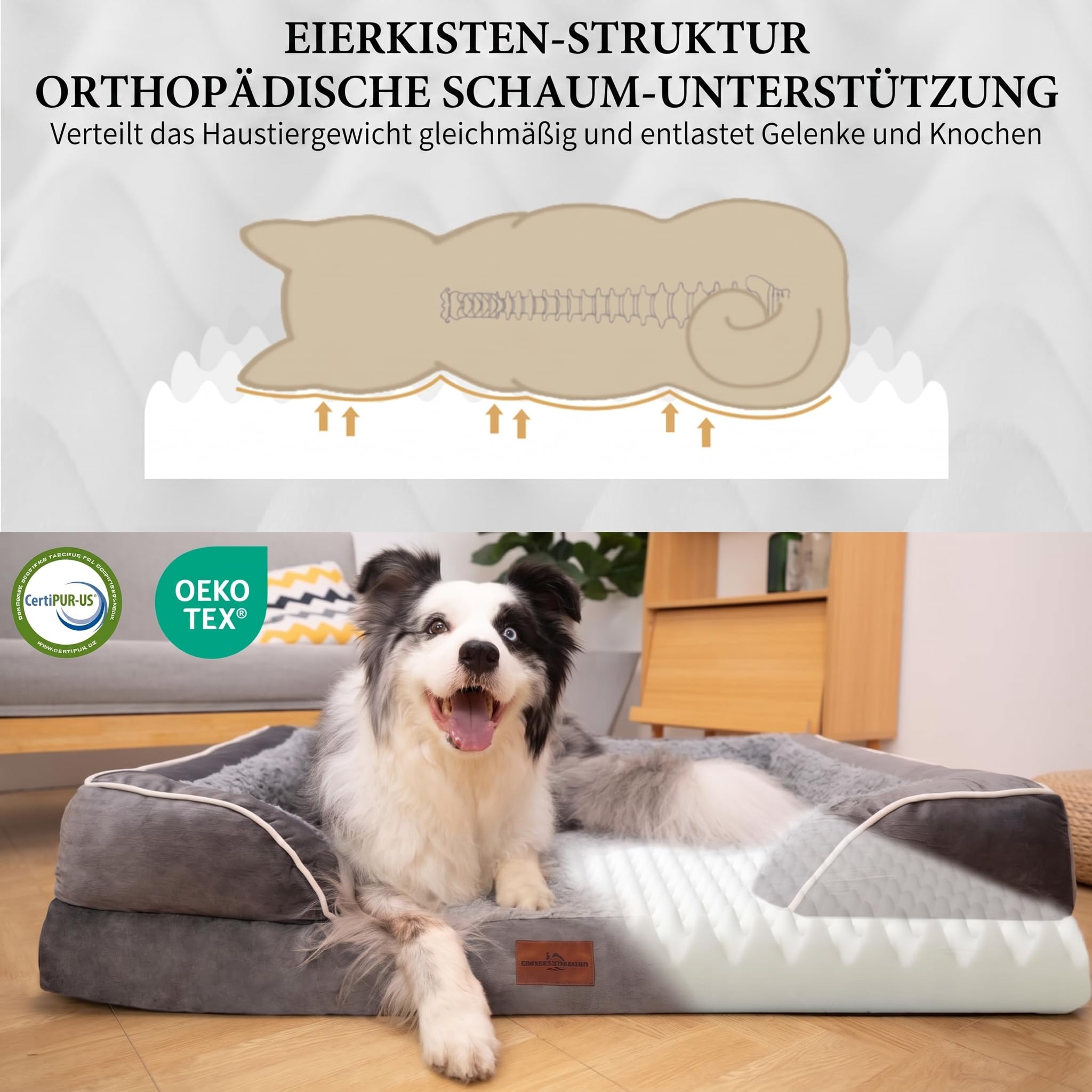 Comfort Expression Orthopädisches Hundebett Große Hunde, 106x76x21 cm, Hundesofa mit Eierförmigem Kistenschaum, Hundebett Waschbar, Wasserfestes Hundekissen & Rutschfester Hundekorb, Grau