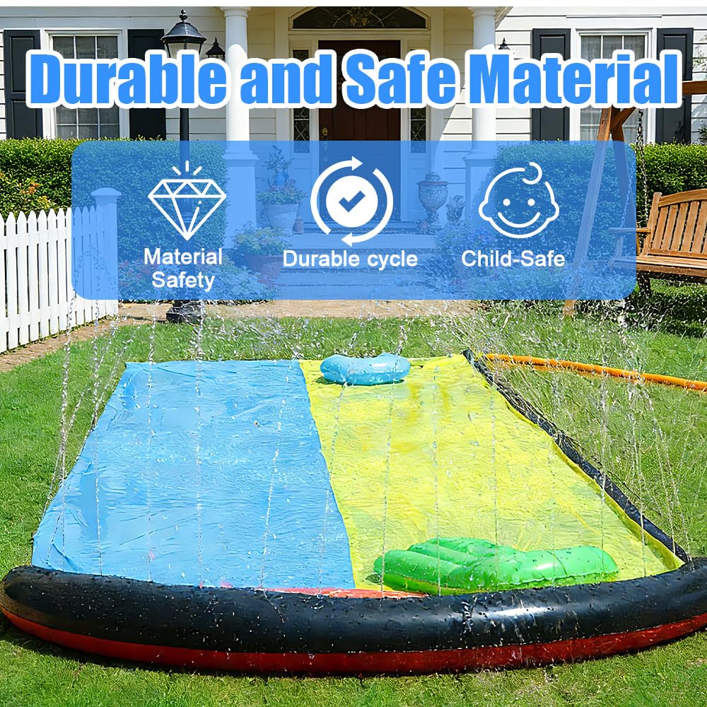 Scivolo ad acqua da giardino per bambini, 480 cm, con 2 bodyboard, scivolo gonfiabile con irrigatore integrato, giocattolo d'acqua estivo, doppio scivolo per esterni e prati