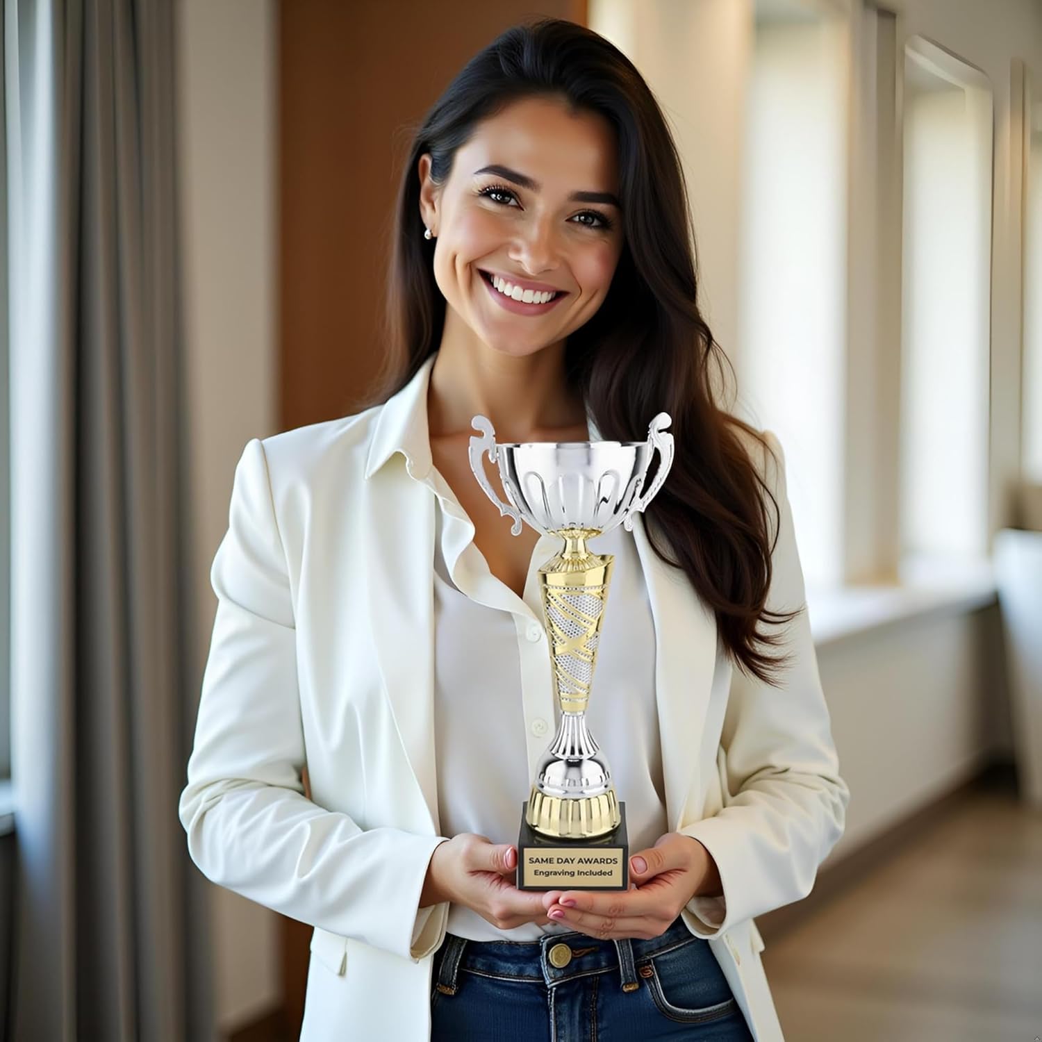 Sparkling Silver and Gold Trophy Cup – Custom Engraved European Inspired Championship Award on Marble Base for Business Excellence Team Awards Special Achievements