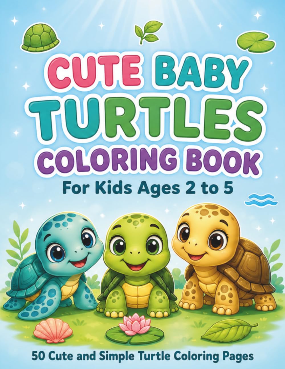 Cute Baby Turtles Coloring Book: 50 Cute and Simple Turtle Coloring Pages for Kids Ages 2 to 5