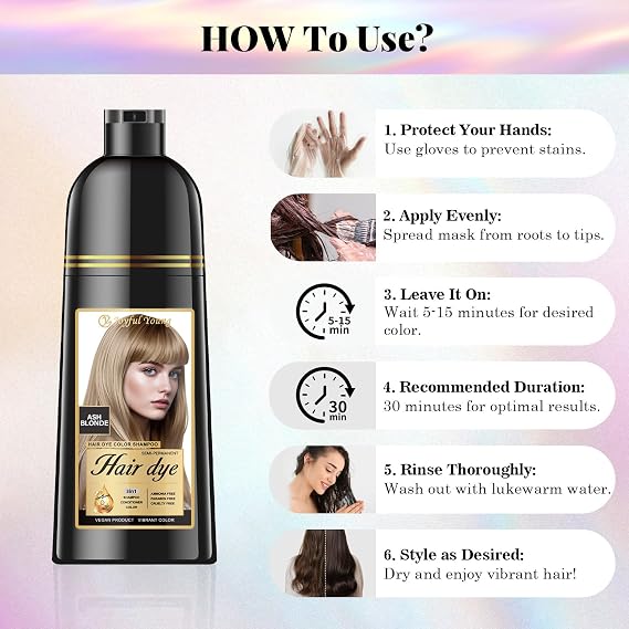 Joyful Young Hair Dye Shampoo 3-in-1, Ash Blonde Semi-Permanent Gray Hair Coverage, Color Depositing Shampoo for Women & Men, Vegan, Ammonia-Free