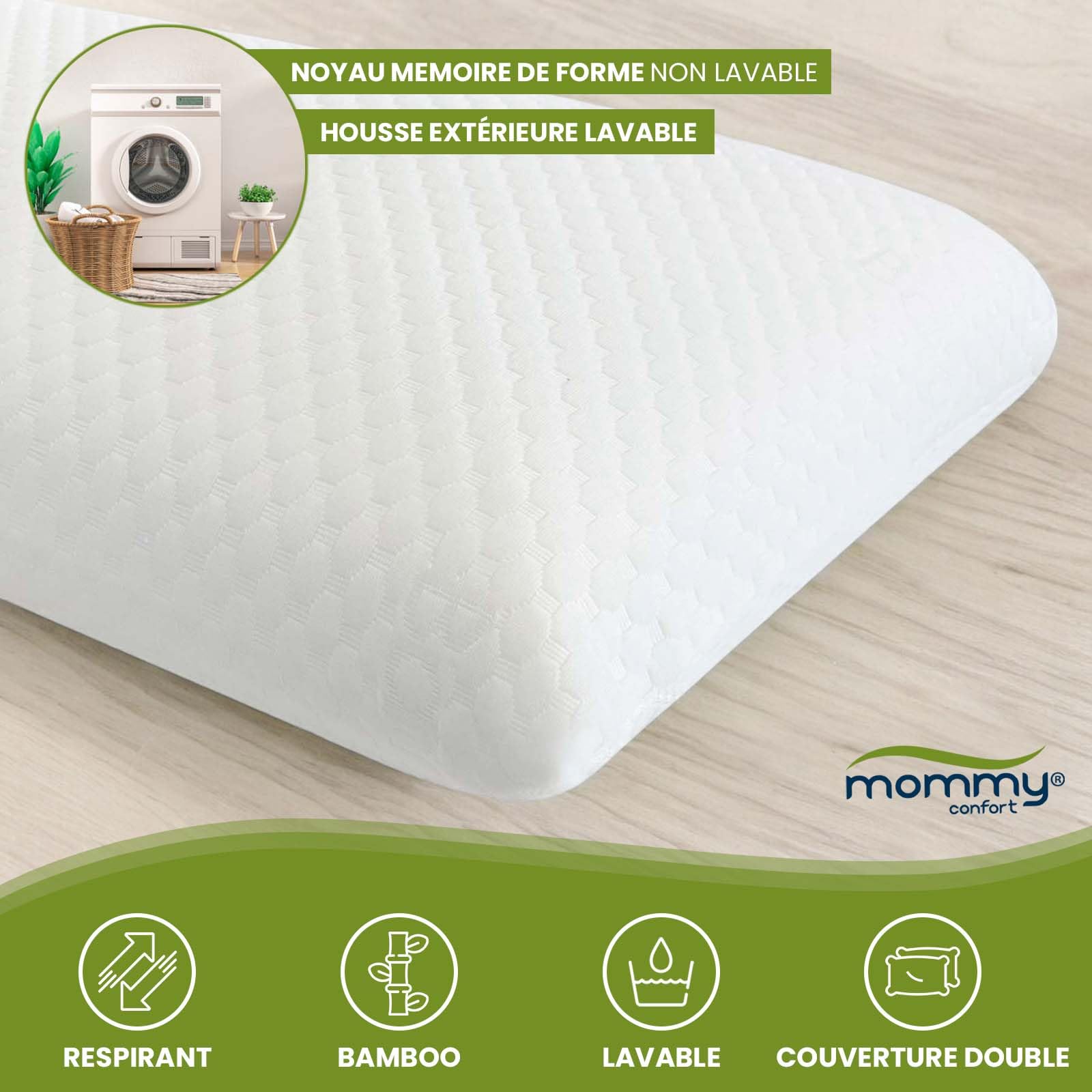 MOMMY CONFORT - Oreiller Mémoire De Forme 40x60 Cm Premium 2 En 1 - Côté Ferme & Extra Souple - Housse Bambou Lavable