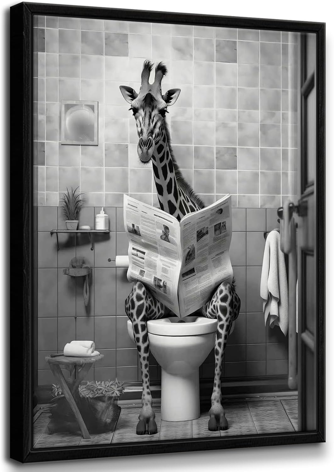 Framed Funny Bathroom Giraffe Wall Art Black and White Animal Wall Decor Cute Giraffe on Toilet Read Newspaper Poster Canvas Prints for Bathroom Restroom Home Decoration 12x16in