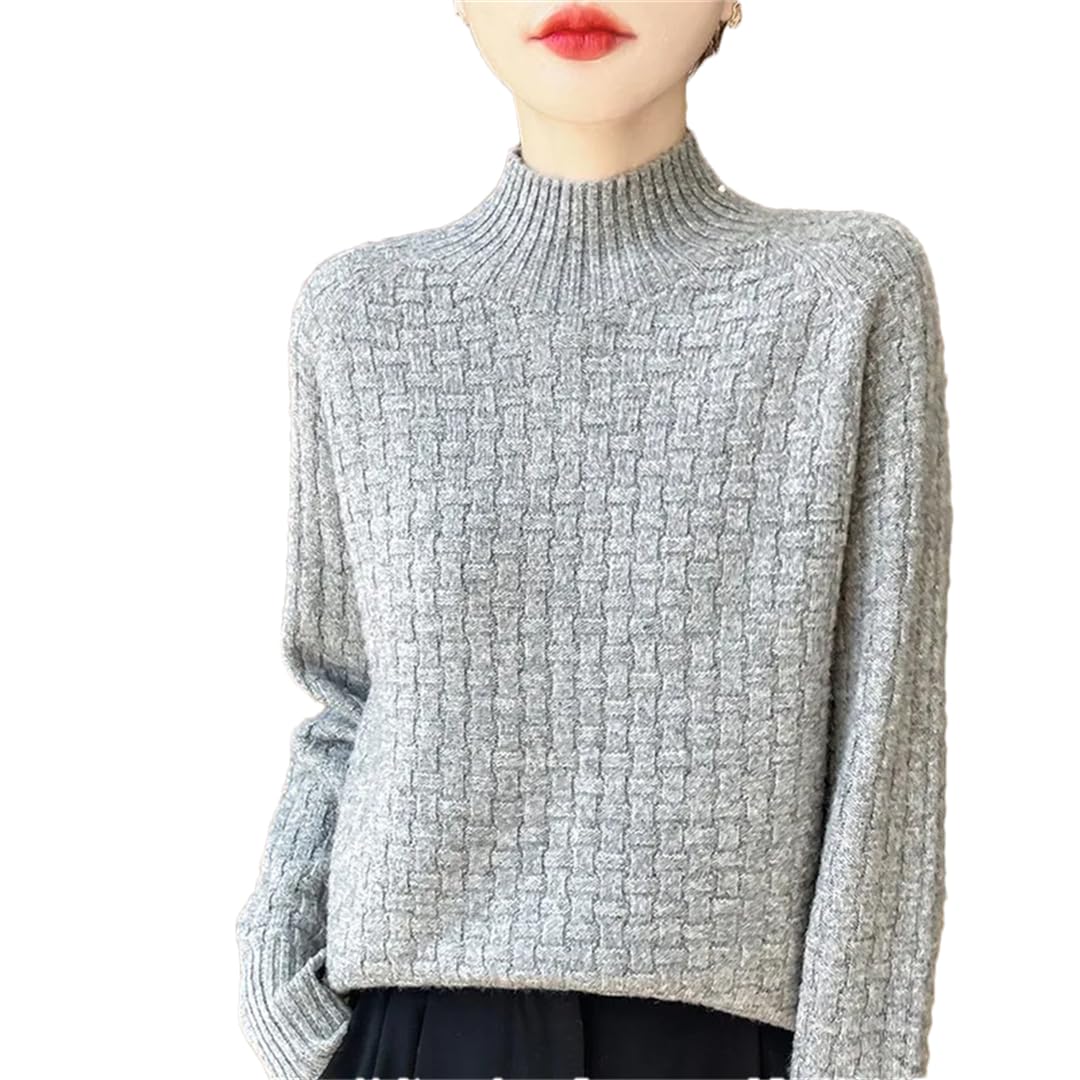 Maglione da donna a collo alto tinta unita maglione allentato maglia fondente camicia, Grigio Chiaro9, L