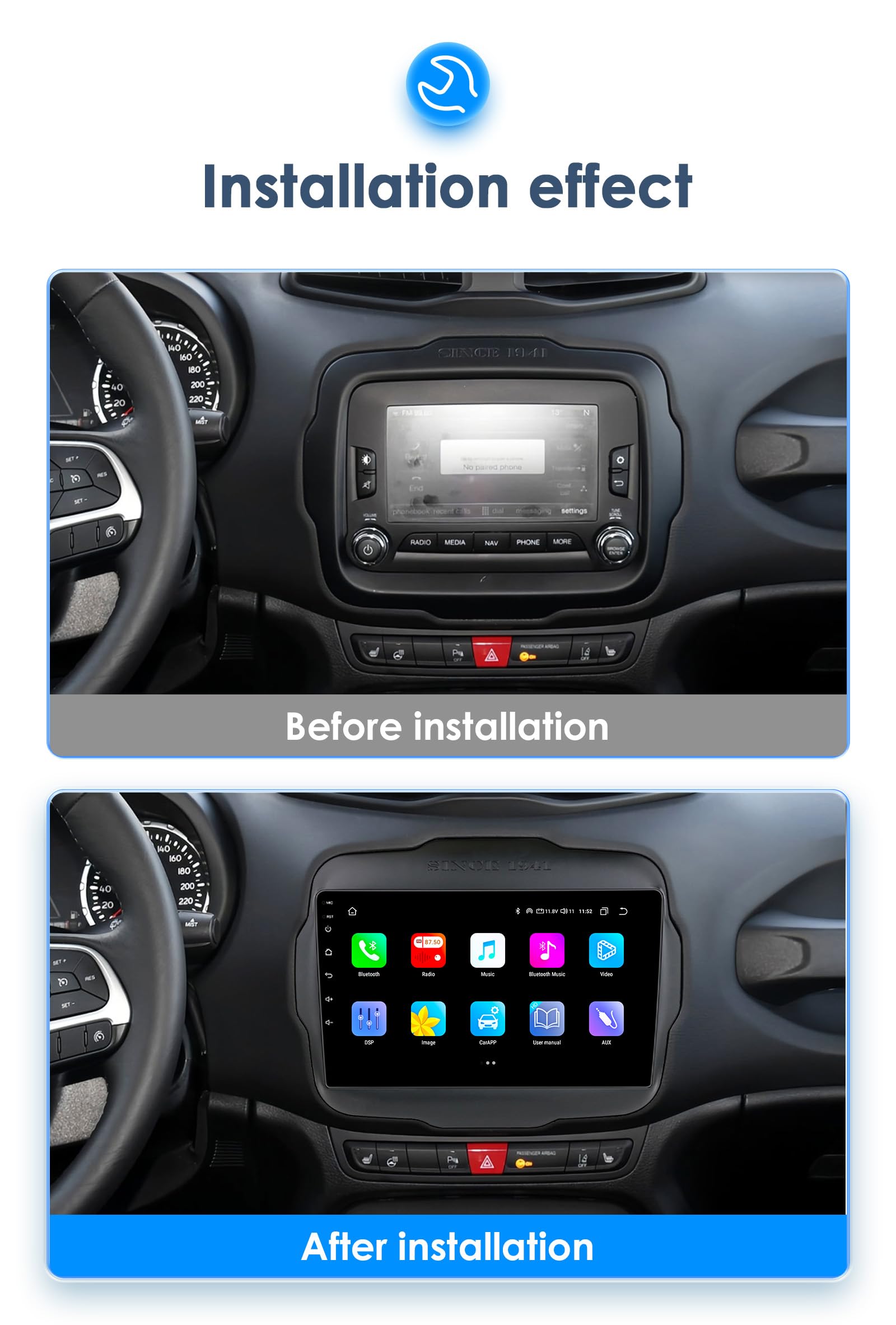 Android 13 autoradio 9 pollici touch screen 8 core 4 GB + 64 GB per Jeep Renegade 2016-2022 WiFi & Bluetooth GPS