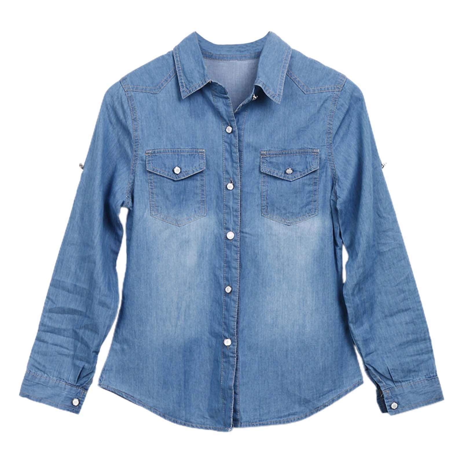 Generico Camicia Jeans Donna Curvy,Camicette Donna Eleganti Scollo A V Maniche Lunghe Bottoni Cotone Camicie Slim Fit Vintage Casual Comodo Leggero Denim Camicetta