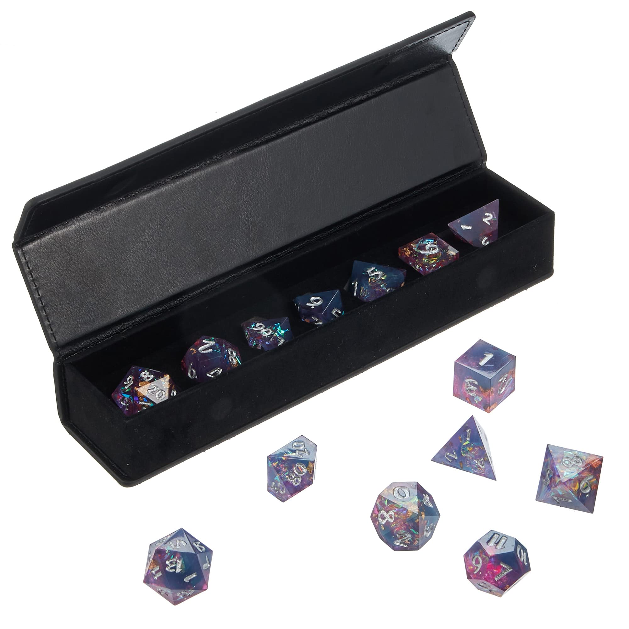 Dés polyédriques Sharp Edge dans un étui en cuir – Lot de 7 matrices en résine avec insert en aluminium arc-en-ciel – Coffre de protection – Accessoires et articles de collection TTRPG DND