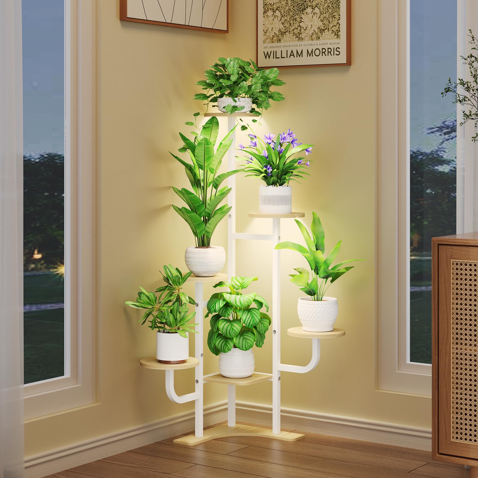 Homsorout Soporte esquinero para plantas con luz de crecimiento, soporte para plantas de 6 niveles, estante redondo de metal con luz ajustable, organizador de plantas para sala de estar, jardín