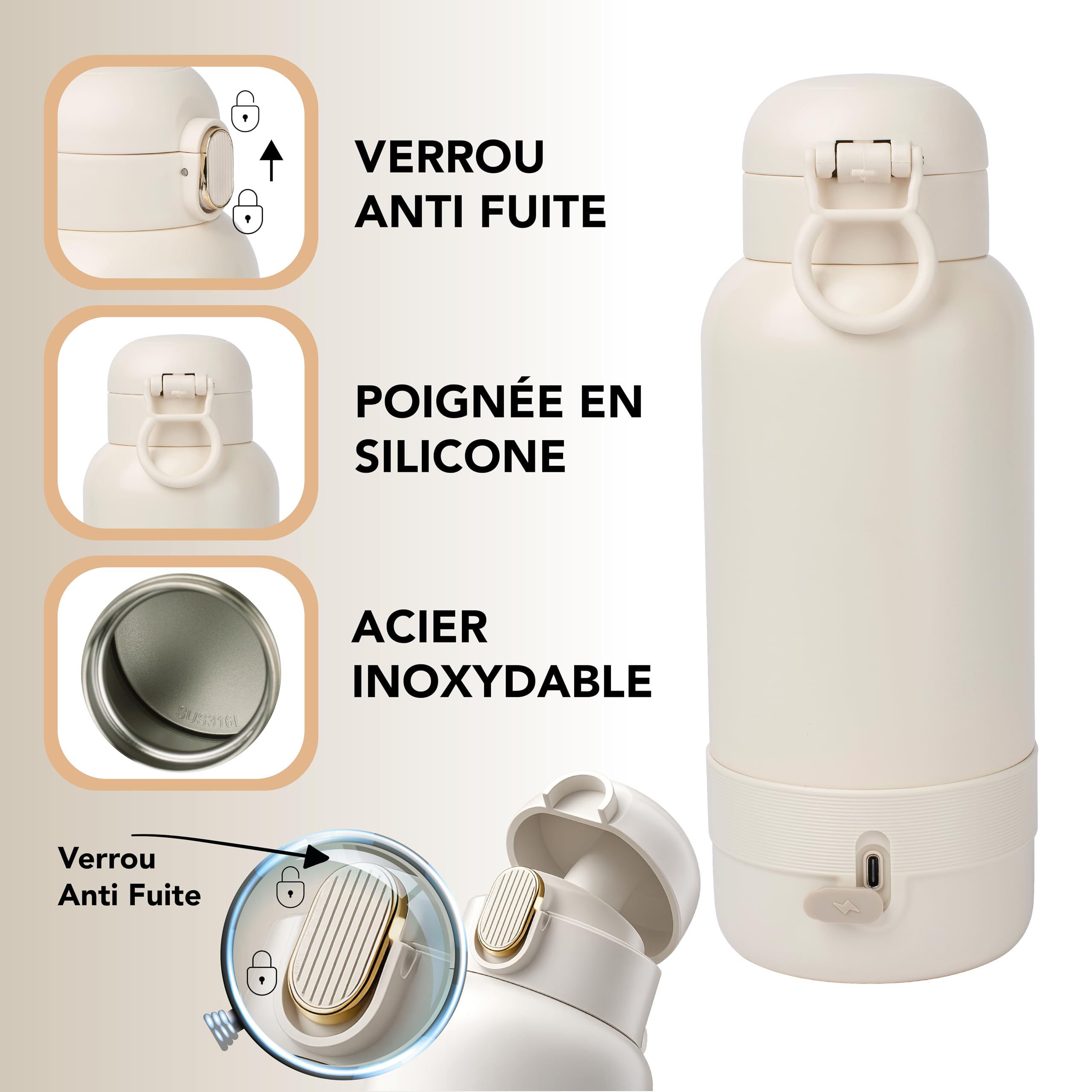 Chauffe Biberon Portable – Chauffe Biberon Nomade Sans Fil – Grande Capacité de 500 ml – Lait Maternel & Eau – Étanche, Inox – Idéal Nuit, Sorties & Voyage – Chauffage Rapide - Batterie Longue Durée