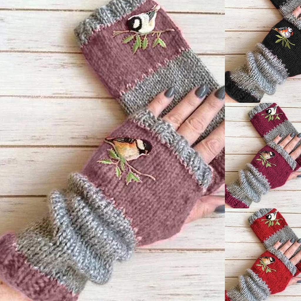 Wrist Warmers, Women Winter Knitted Fingerless Gloves Bird Embroidered Color Block Splice Half