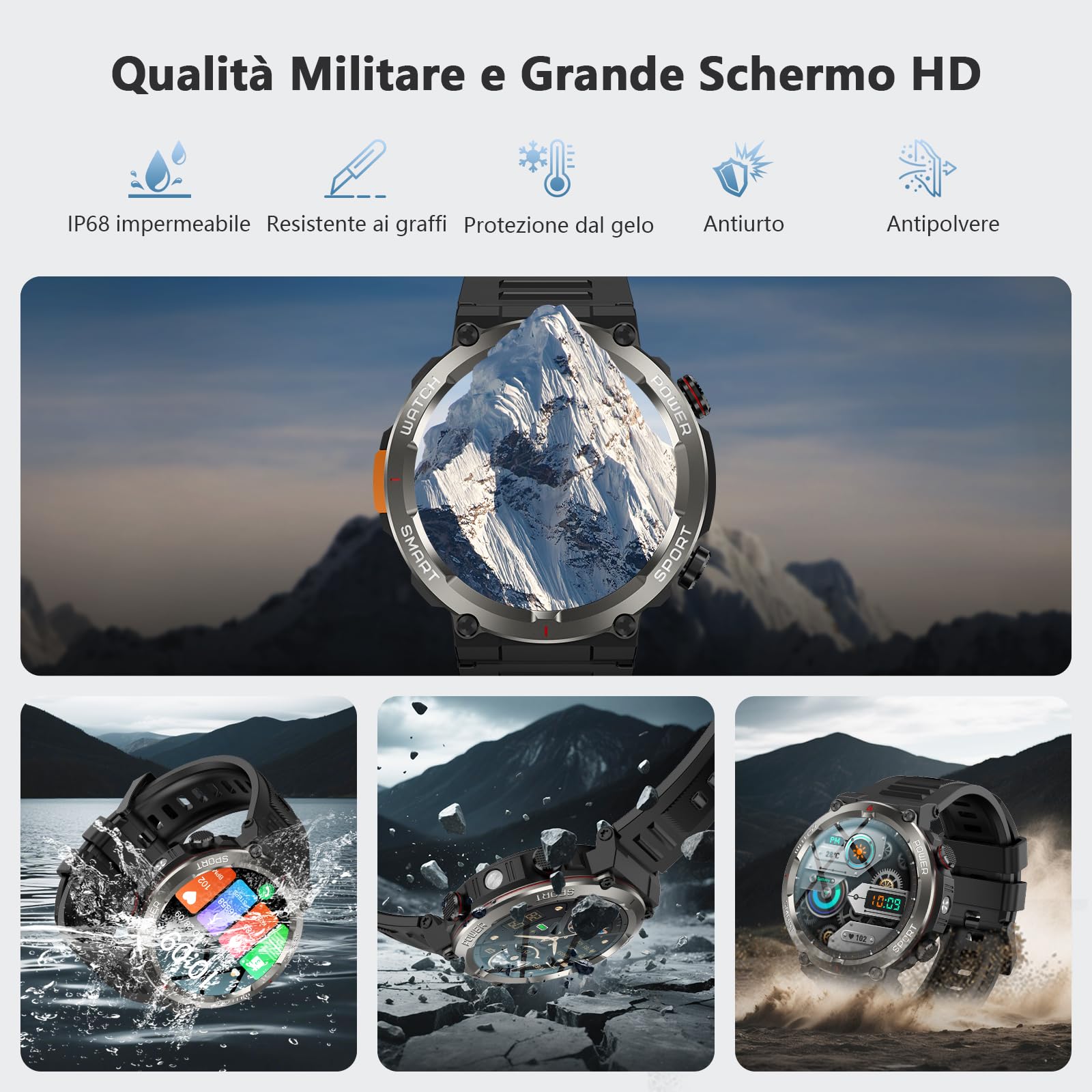 IOWODO Smartwatch Uomo, 1.45" Militari Orologio Intelligente con Torcia Bussola, Batteria 960mAh, IP68 Impermeabile, Orologio Fitness con Chiamate Bluetooth, Cardiofrequenzimetro Sonno, Android iOS