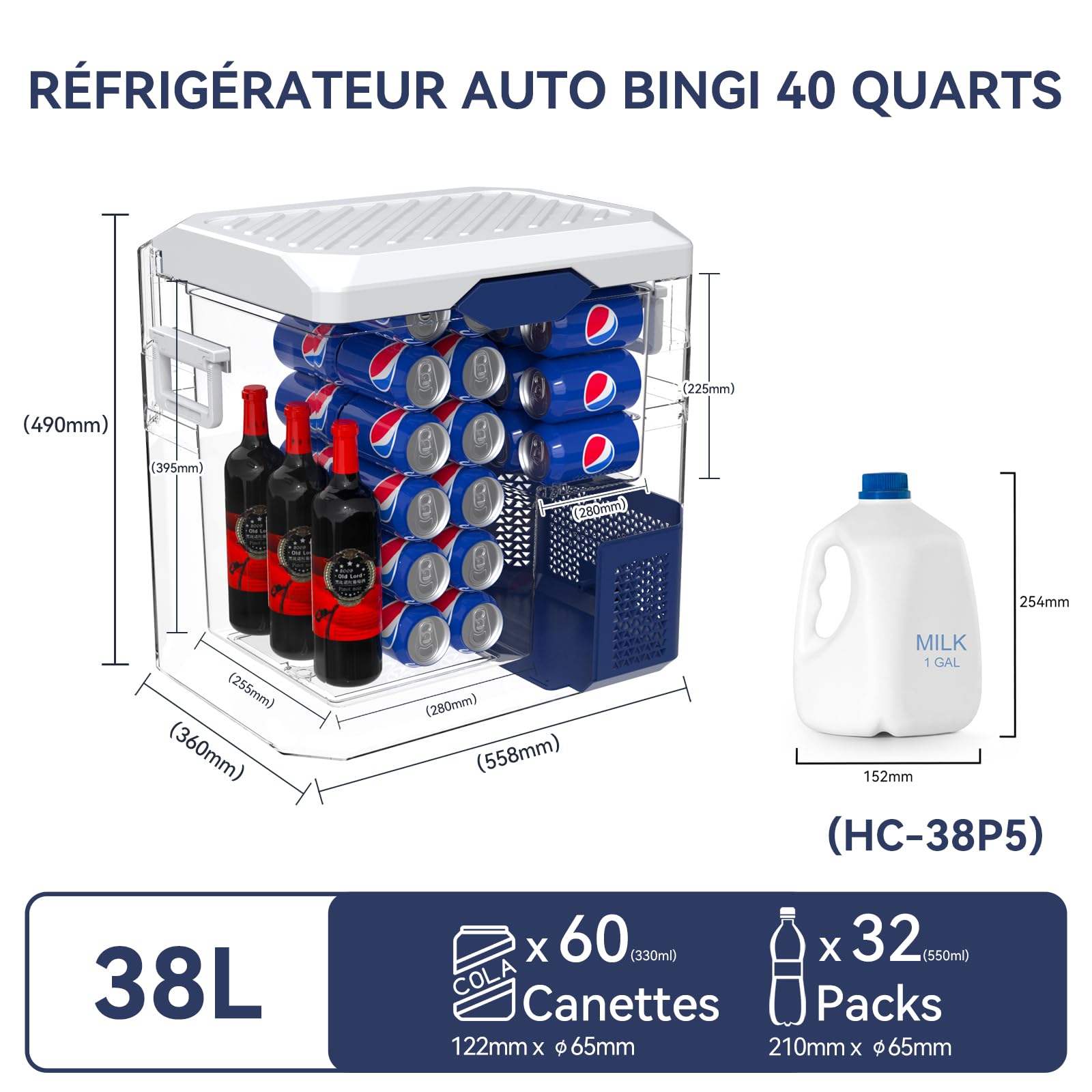 BINGI Glacière Electrique Voiture 38L Silencieuse ≤45dB Réfrigérateur Compression -18°C à +15°C 12V/24V/220V
