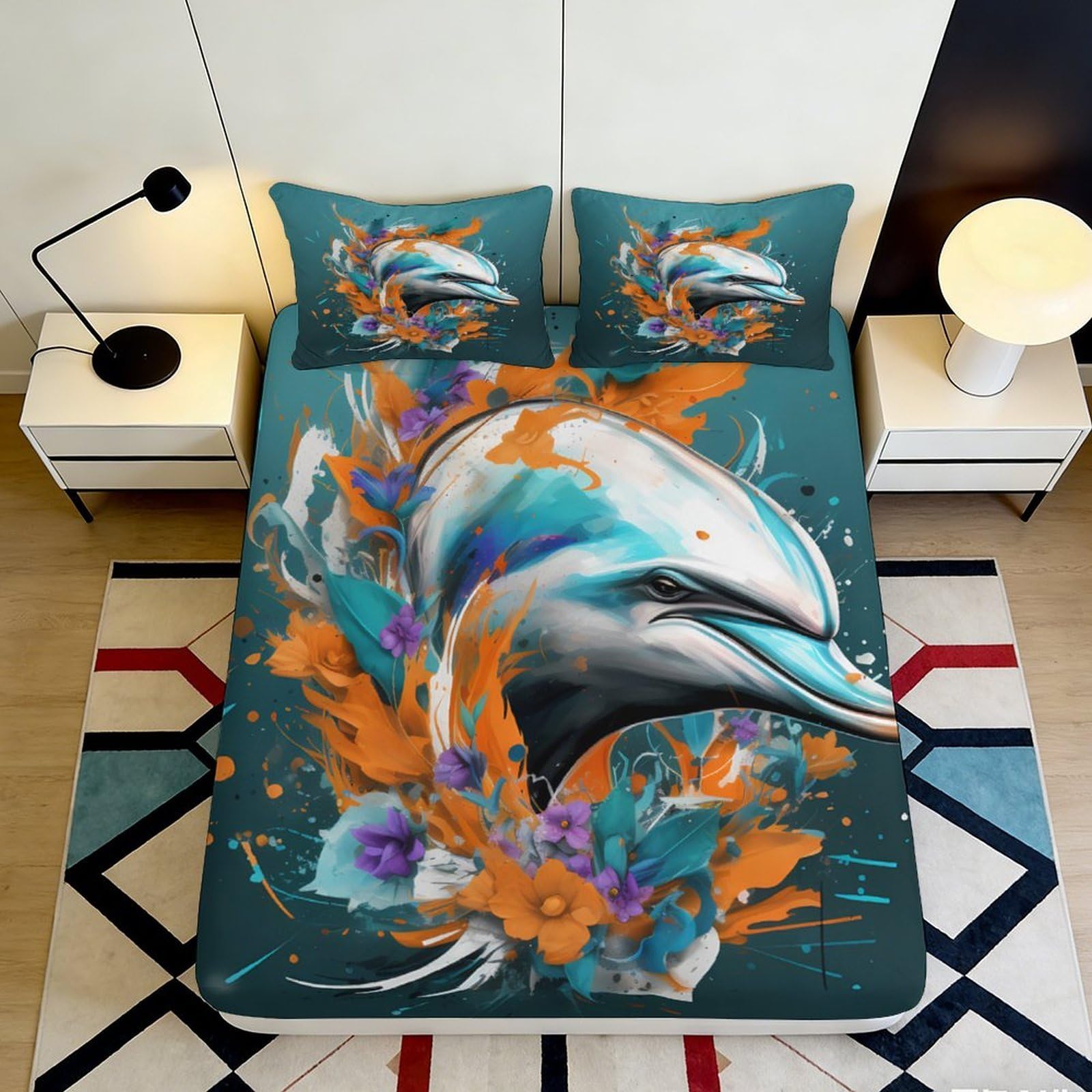 3D Printed Dolphin Ocean Fitted Sheet Microfiber Orange Floral Mattress Cover for Bedroom Guest Room Decor 90x200x25cm