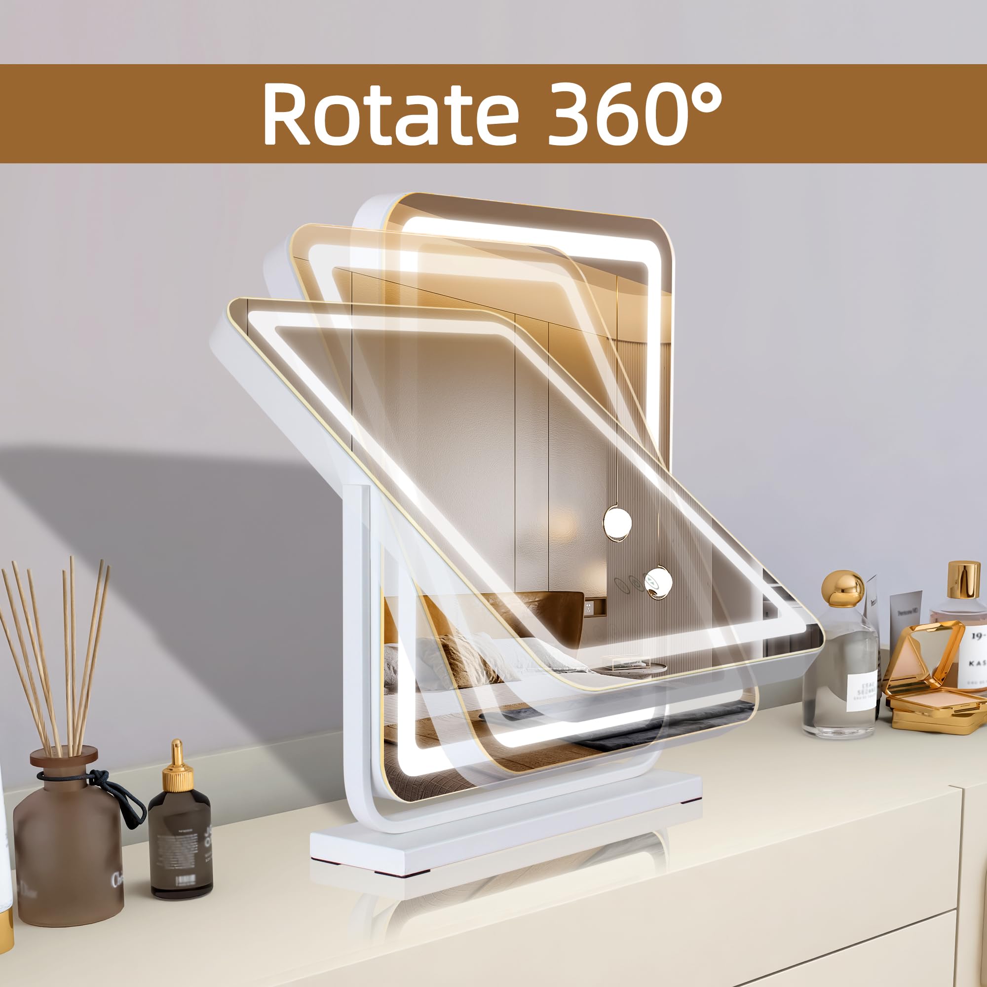 Miroir de Maquillage Lumineux LED 40x47 cm Carré, Rotation 360° Orientable avec Touche Tactile, 3 Modes de Couleur (Froid/Chaud/Naturel) à Intensité Variable Miroir de Table Hollywood