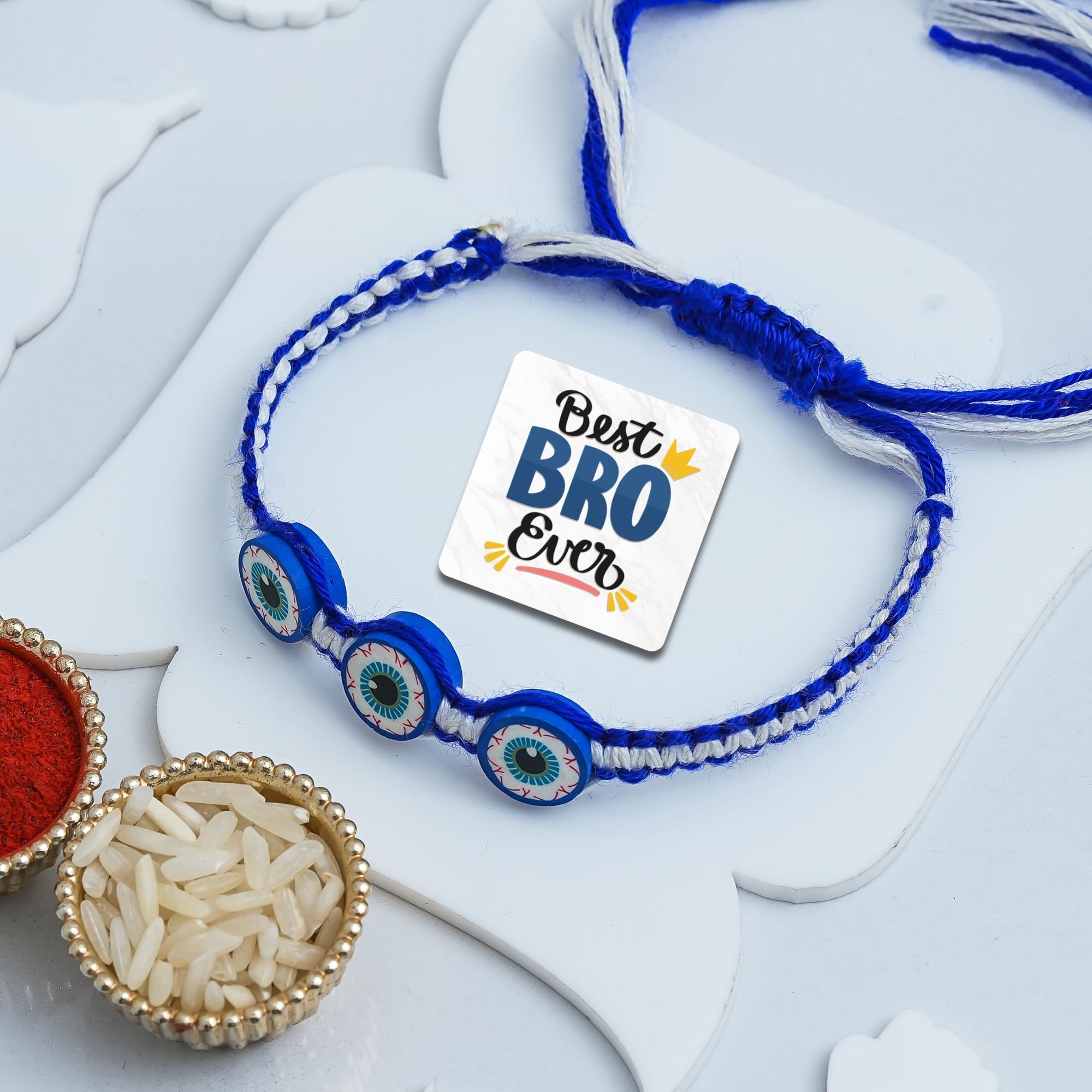 eCraftIndia White Blue Evil Eye Rakhi Set of 2 | Rakhi for Brother Bhaiya Bhai with Best Bro Ever Fridge Magnet | Roli C
