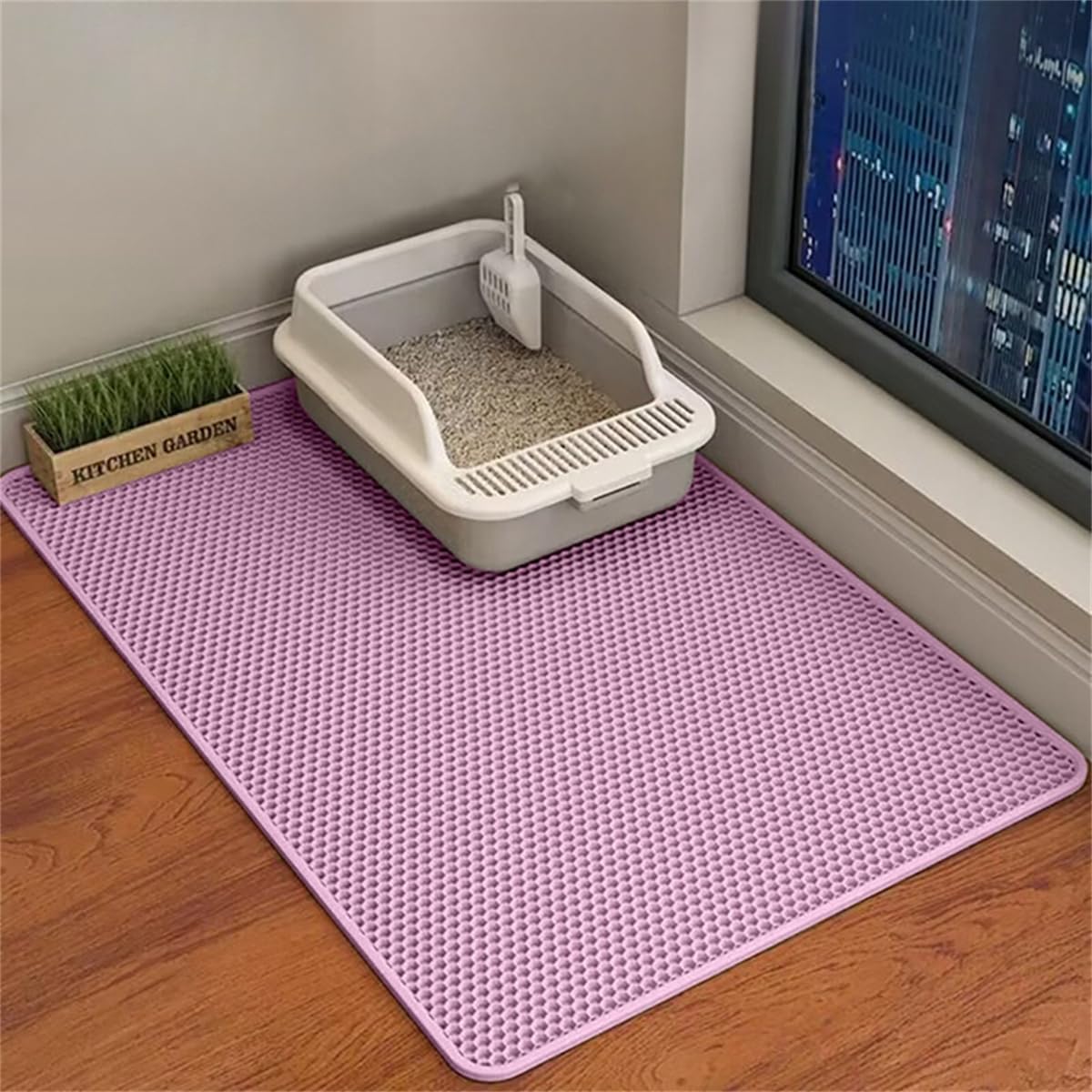 Xisnuient Honeycomb Cat Litter Mat, Two Layer Trapping Kitty Mats, Scatter Control, Soft on Paws, Indoor Box Supplies and Essentials,Easier Washable (30x45cm,Pink)
