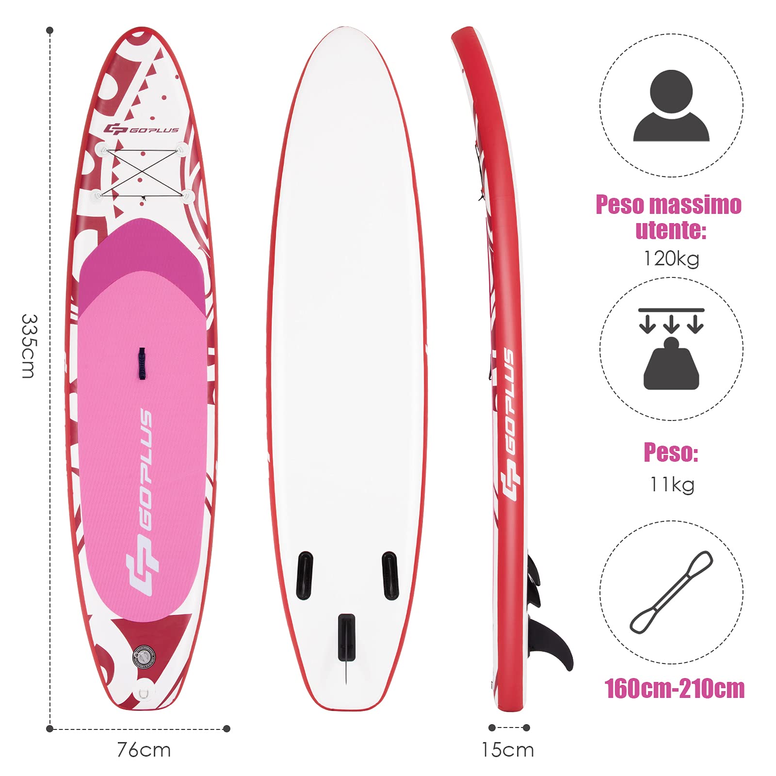COSTWAY SUP Gonfiabile Adulti 305/335 cm, Stand Up Paddle Gonfiabile con Pinne, Leash, Pagaia, Pompa, Kit di Riparazione e Borsa, Carico Massimo 120 kg