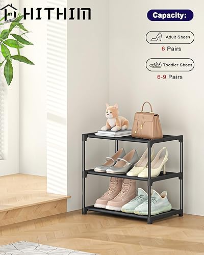 Miniatura 4 de Zapatero pequeño de 3 niveles, organizador de zapatos apilable estrecho, soporte para zapatos resistente, zapatero de metal de tela no tejida para
