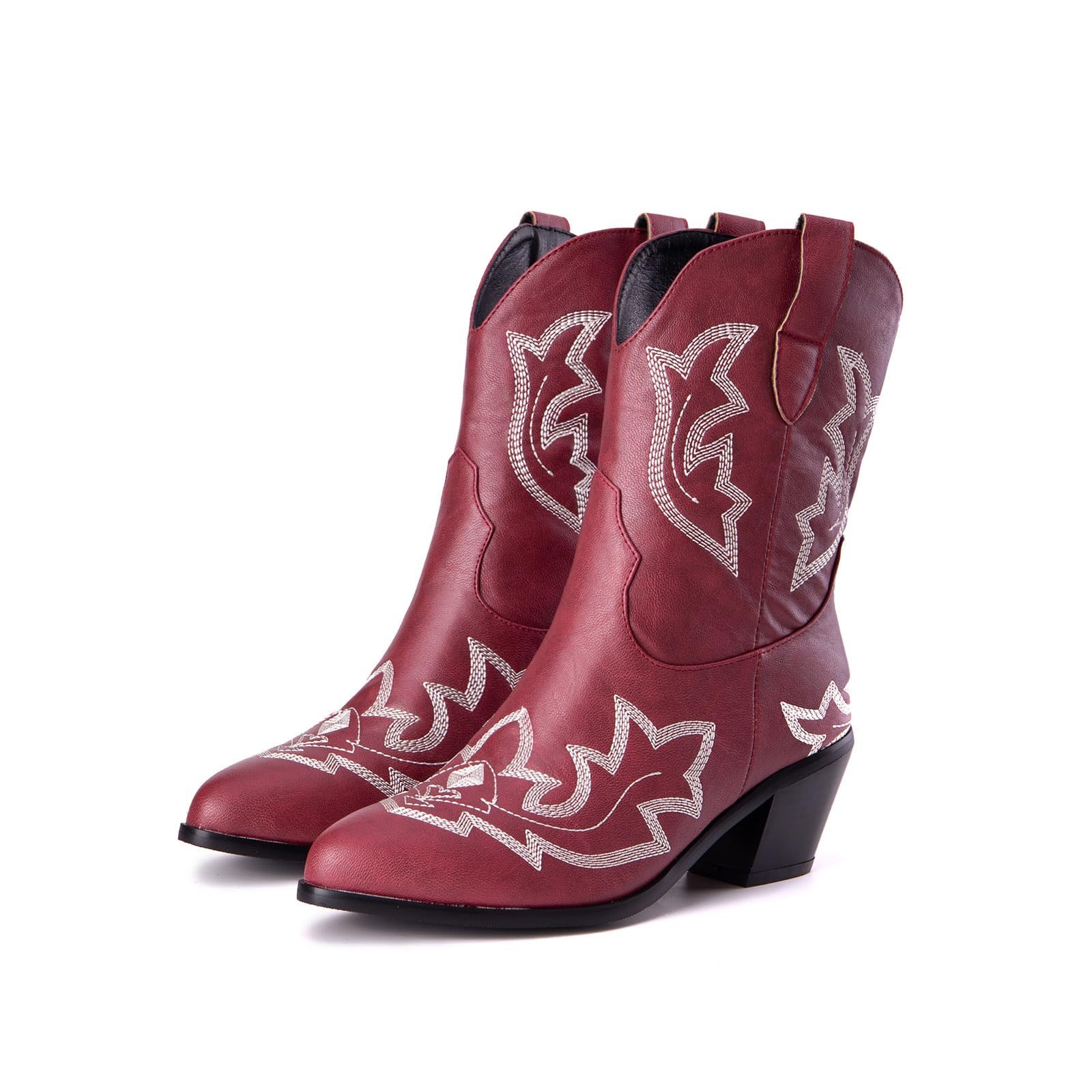 Damskie buty kowbojskie z obcasem, buty westernowe ze szpiczastym palcem i haftem, krótka cholewka, vintage, buty ze średnią cholewką, półcholewka