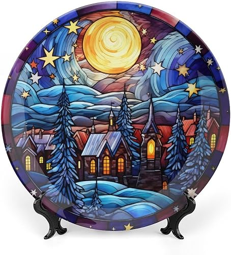 Winter Village - Platos decorativos de noche de luna para decoración del hogar, platos de cerámica con diseño de vitrales para sala de estar,