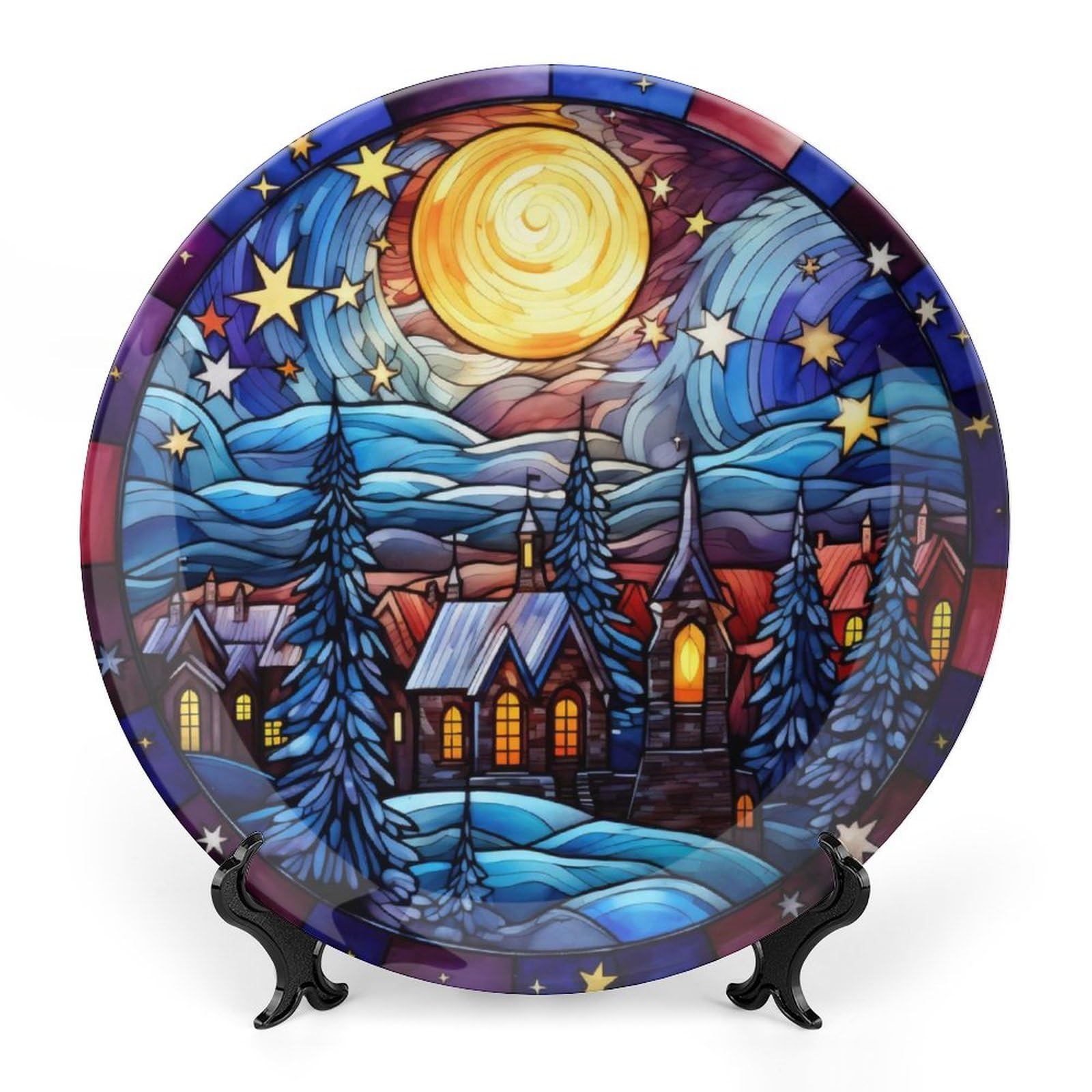 Winter Village Moon Night Decorative Plates Christmas Home Decor Ceramic Plates, Stained Glass Design Dinner Plates Display for Living Room, Kitchen, Hallway Console Side Table, Xmas Present, 8 Inch
