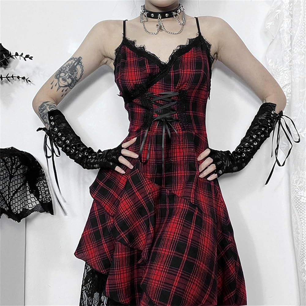Amazon.com: XCJIKUKE Women Gothic Plaid Dress Mall Goth Grunge Red Black  Lace Trim Adjustable Spaghetti Strap Long Dresses : Clothing, Shoes &  Jewelry