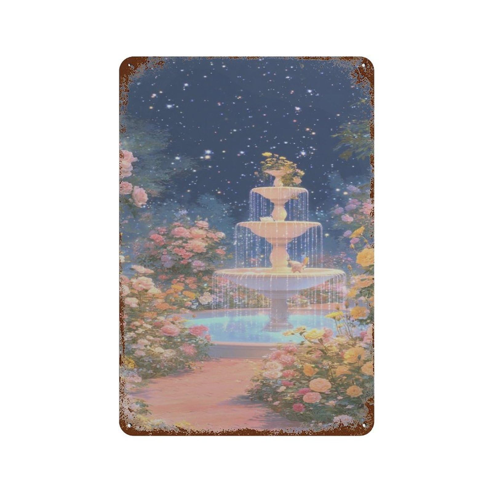 xiaoxiaoshen Magical Fairy Garden Romantic Fountain Dreamy Rose Floral Wall Decor Art Metal Tin Poster Modern Home Decor Art Home Bar Shop Decorations Vintage Sign 30x20cm