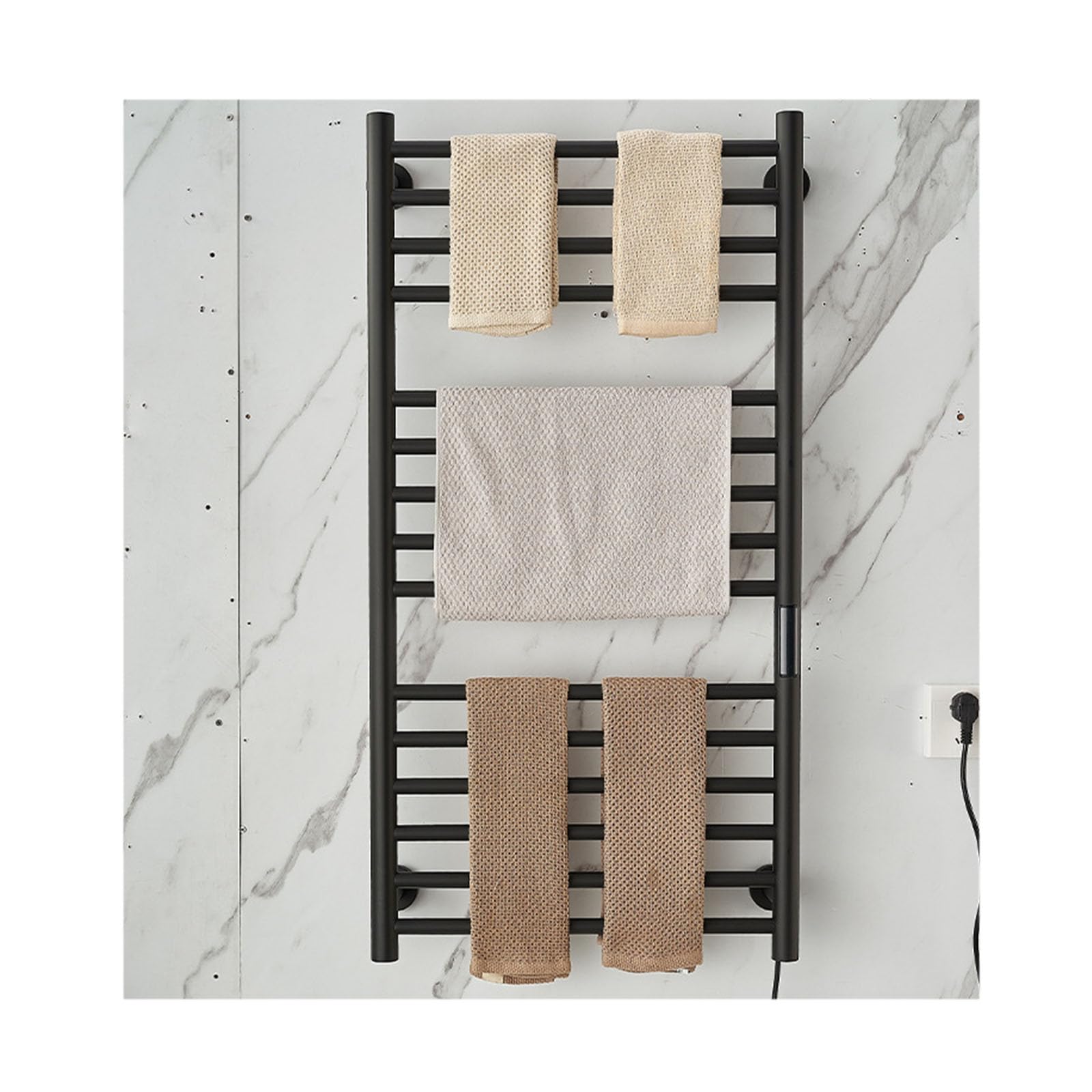 Toallero electrico negro de acero inoxidable con 15 barras y enchufe derecho para pared
