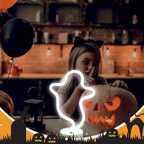 Miniatura 7 de 3 piezas de luces de neón para decoración de Halloween, lámparas LED, fantasma, calabaza, murciélago, letreros de neón decorativos a pilas con base