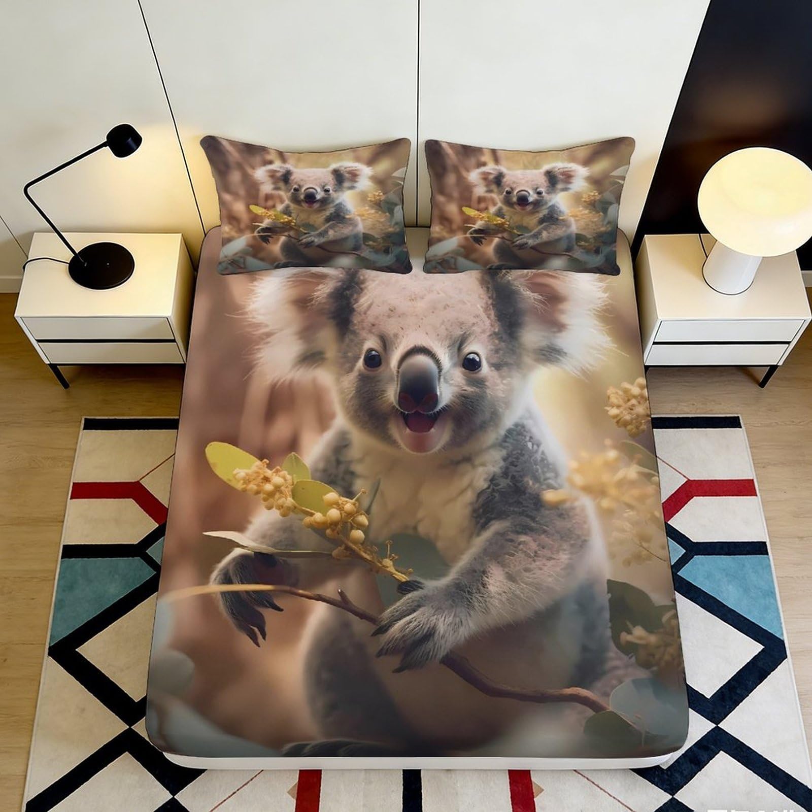 Uynsixtme Style-10 3D Printed Koala Pattern Fitted Sheet Microfiber Deep Pocket Non-Slip Bedroom Bedding Koala Mattress Fitted Cover For All Ages 140X200x25cm