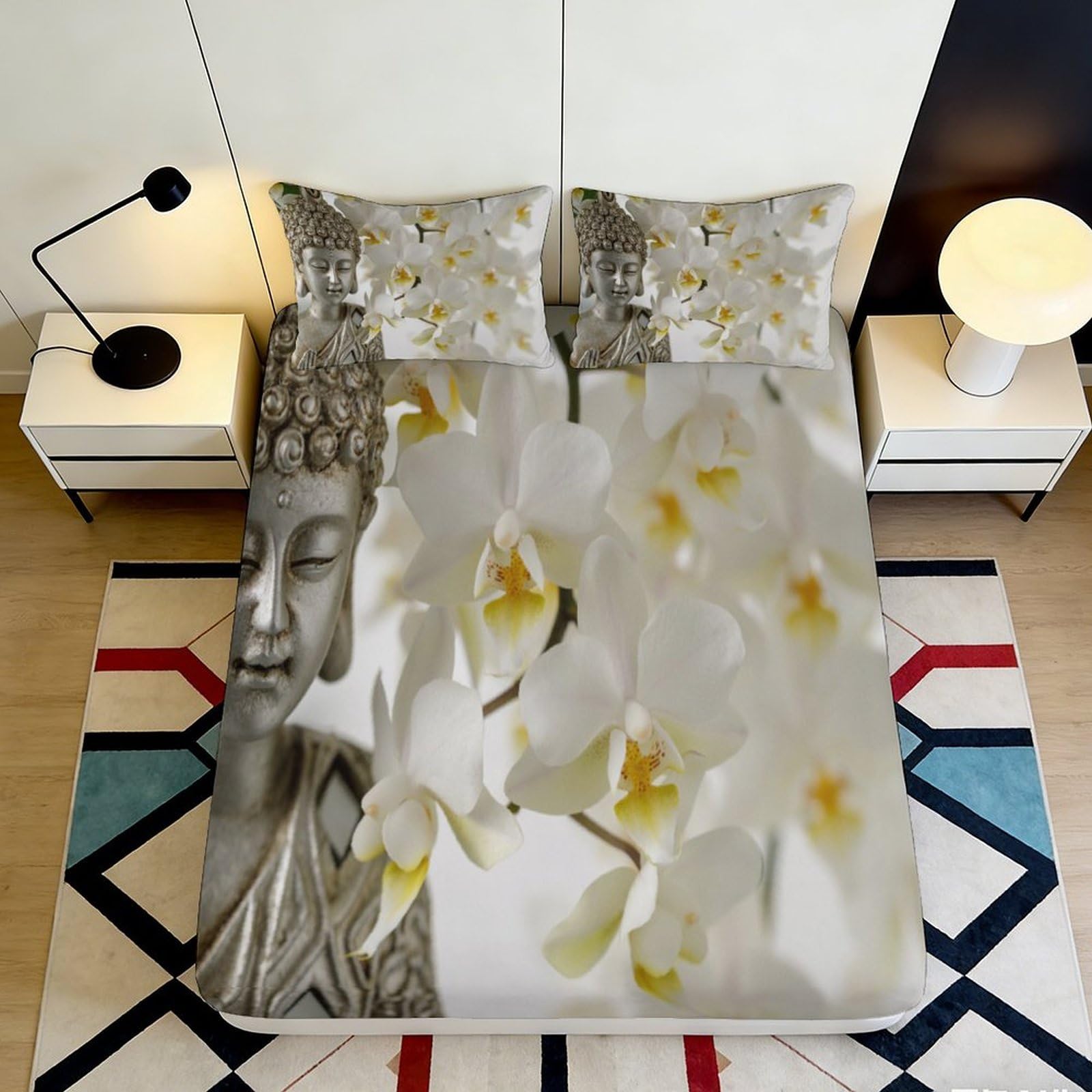 3D Printed White Orchid Fitted Sheet Microfiber Soft Breathable Floral Bed Cover for Bedroom Dormitory Guest Room Mattress Protection Decor 180x200x25cm
