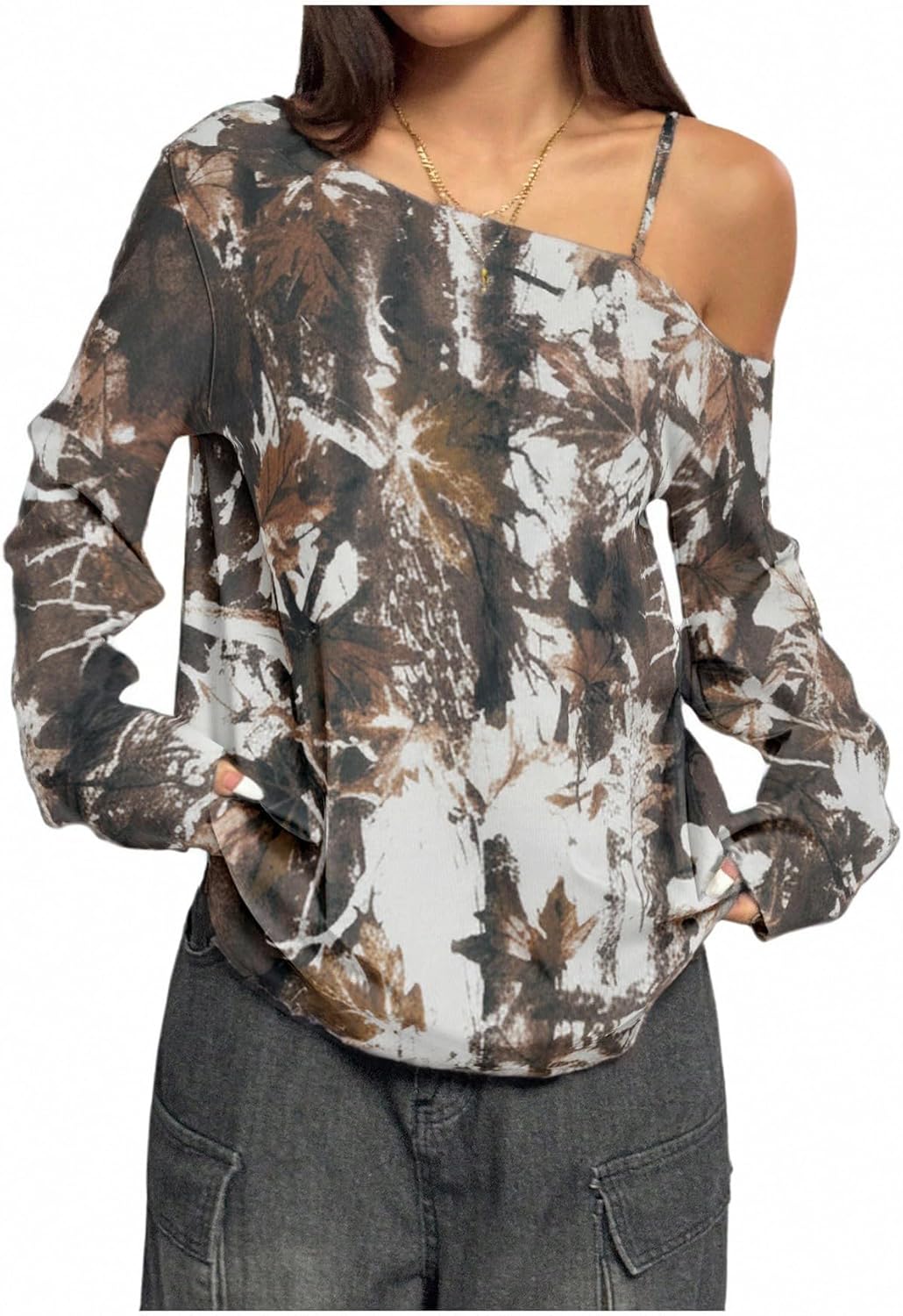 SOLY HUX Women's Camo T-Shirts Long Sleeve Cold Shoulder Loose Tee Shirts Vintage Streetwear - Image 4