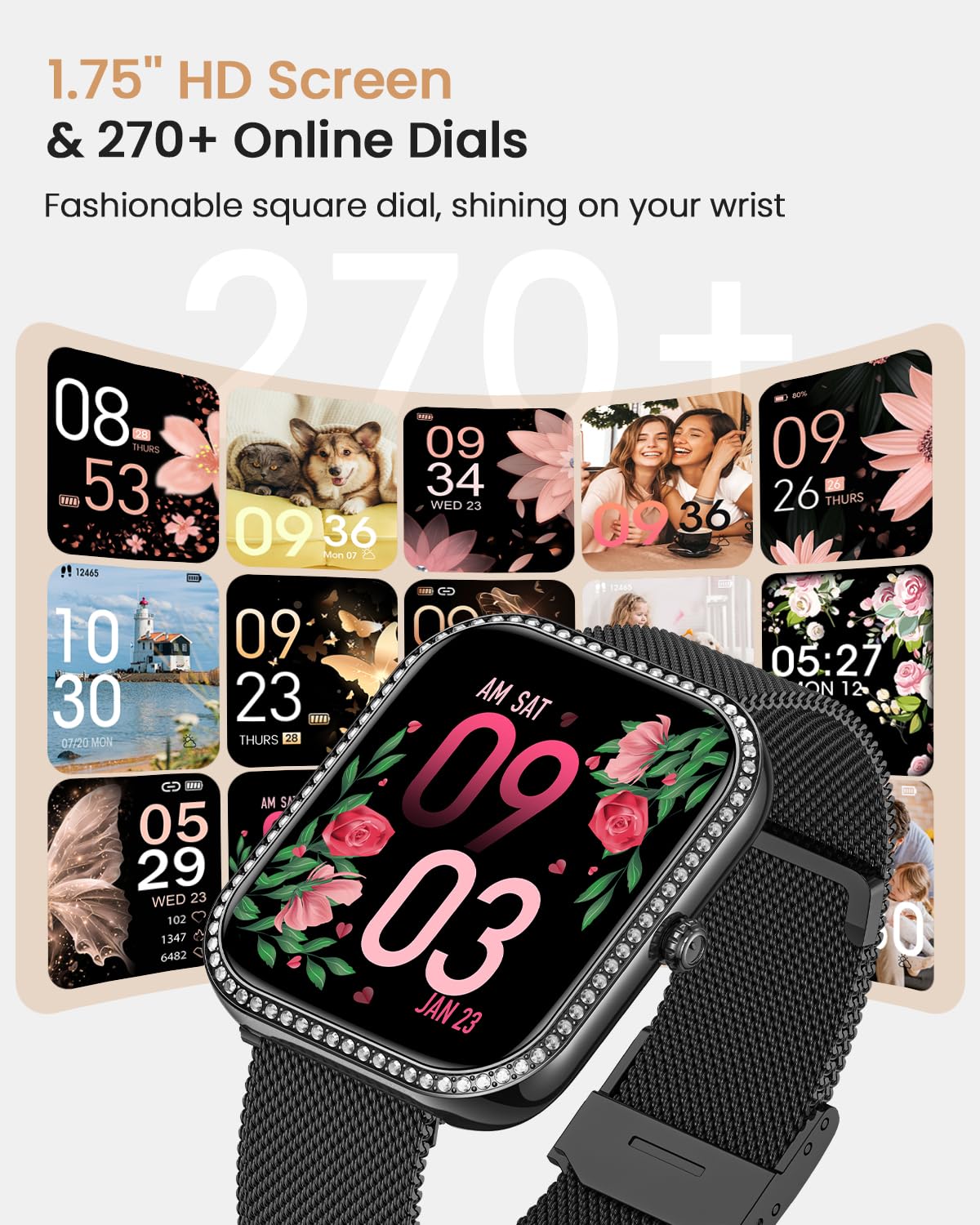 BANLVS Smartwatch Donna con Chiamate, 1,75” Orologio Fitness con 270 Quadranti, 130 Sport, Smart Watch Fisiologia Femminile SpO2 Cardiofrequenzimetro Sonno Calorie Android iOS Nero Regalo Natale Donna