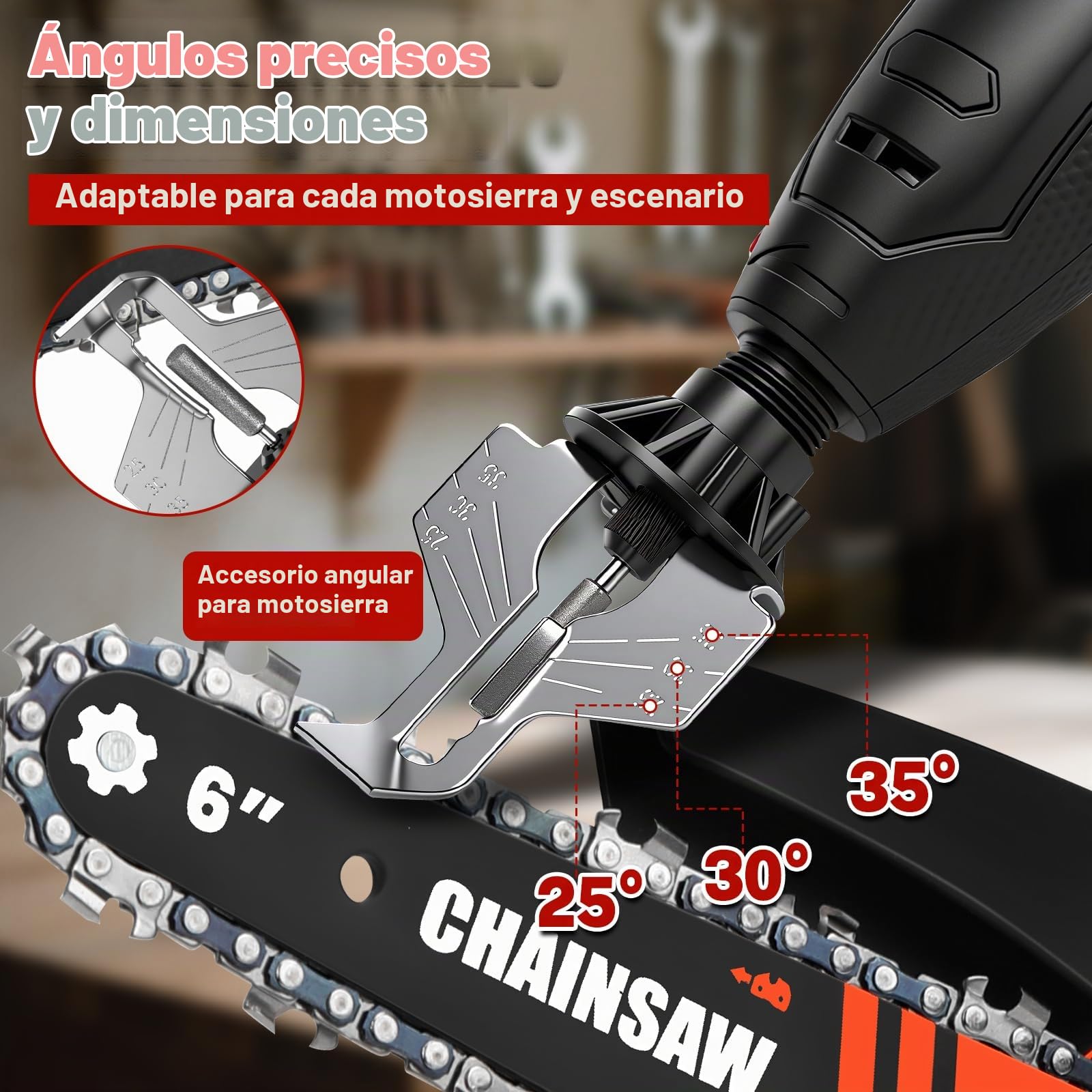 Afilador Eléctrico para Motosierras con Batería 1300 mAh, 9 Cabezales | Afilador de Motosierras Inalámbrico, Cabezal de Aleación, Guía Angular, Portátil con USB