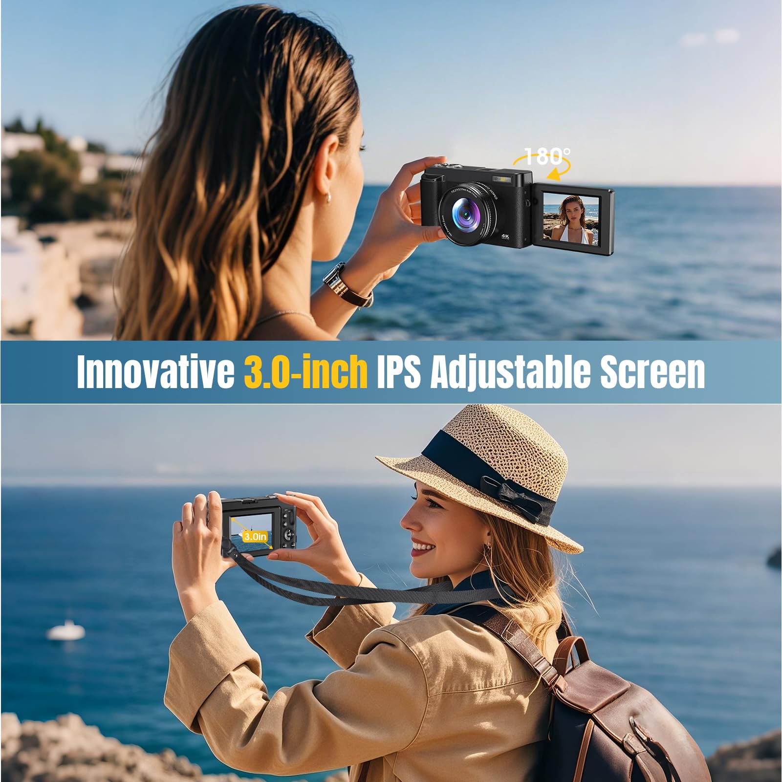 Macchina Fotografica 4K 48MP Autofocus Fotocamera Digitale con Zoom 16X, Schermo Flip 180° Fotocamera Compatta con scheda di Memoria da 32G, Stazione di Ricarica, 2 Batterie per Principianti（Nero）