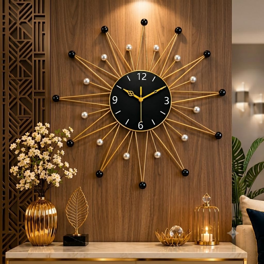 Metal Sunburst Wall Clock with Gold & Black Accents | Mid-Century Modern Style, Starburst Design, Pearl & Ball Accents, Living Room Decor, Decorative Timepiece-image-27