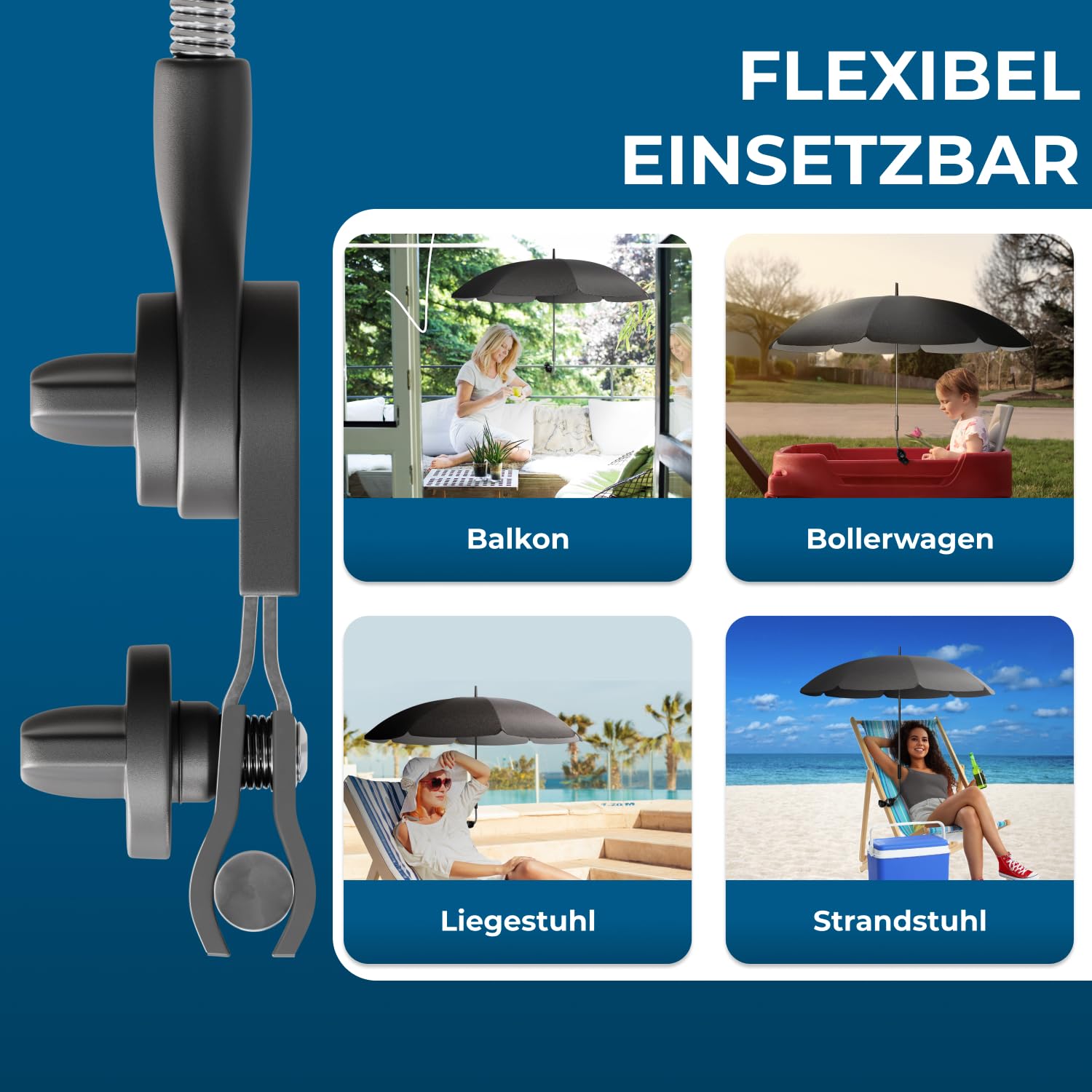 STYNGARD Stuhl Sonnenschirm für Liegestuhl mit UV Schutz 50+ / 120 cm Kuppelmaß mit Überhang - Klemmschirm Campingstuhl - Schirm für Stuhl mit Universal-Klemme Modell SAN FRANCISCO