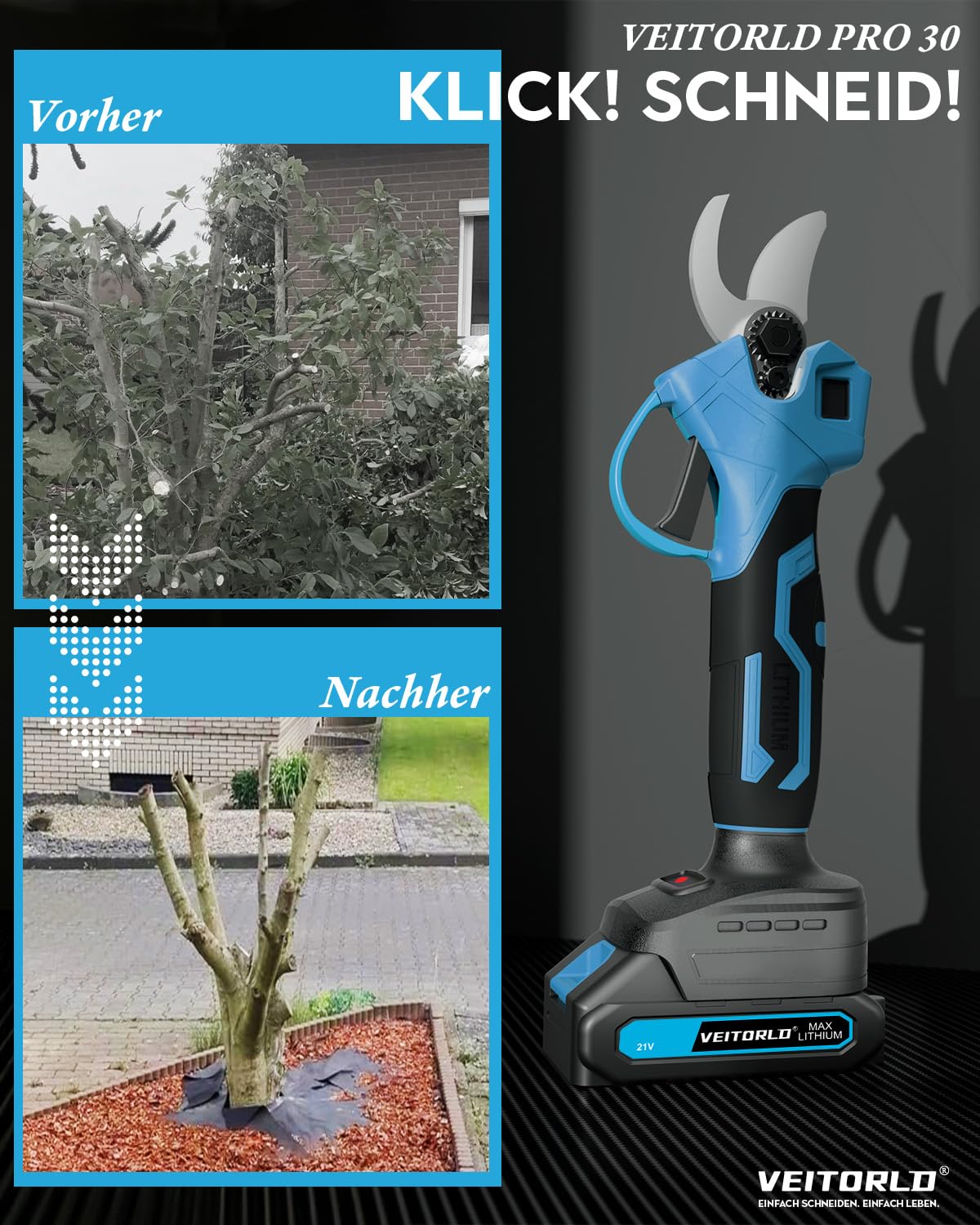Veitorld Akku Astschere, 30mm Bürstenloser Motor Gartenschere mit 2 Akku 2000mAh, Elektrische Bypass-Baumschere für Makita 18V Akku, Ergonomischer Griff, Geschenke für Männer Frauen