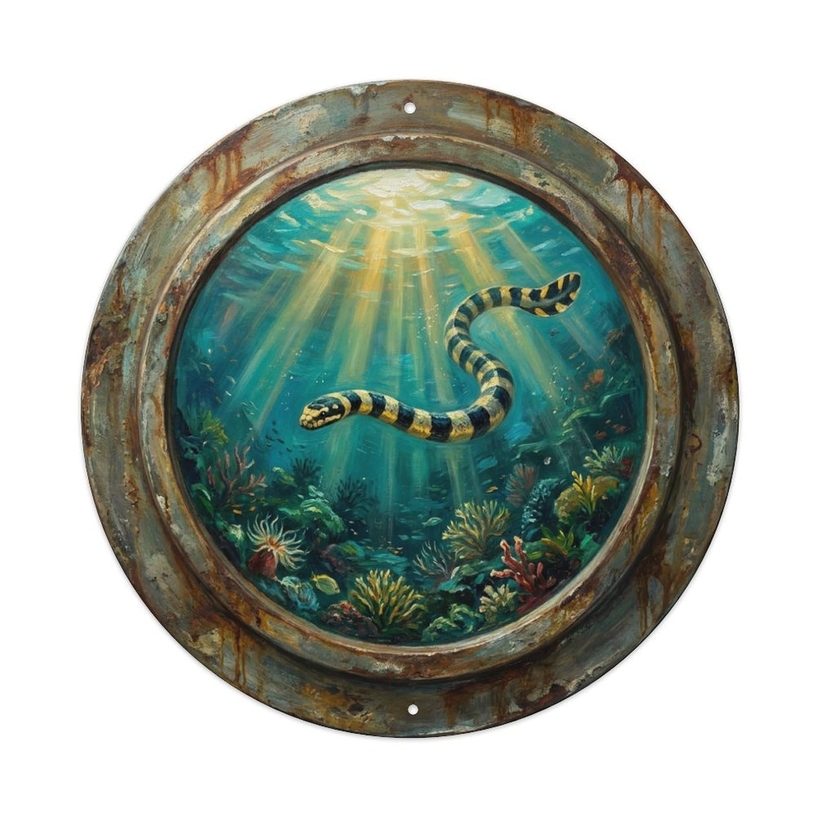 Metal Tin Sign Vintage Porthole Sea Snake Swimming Ship Window Undersea