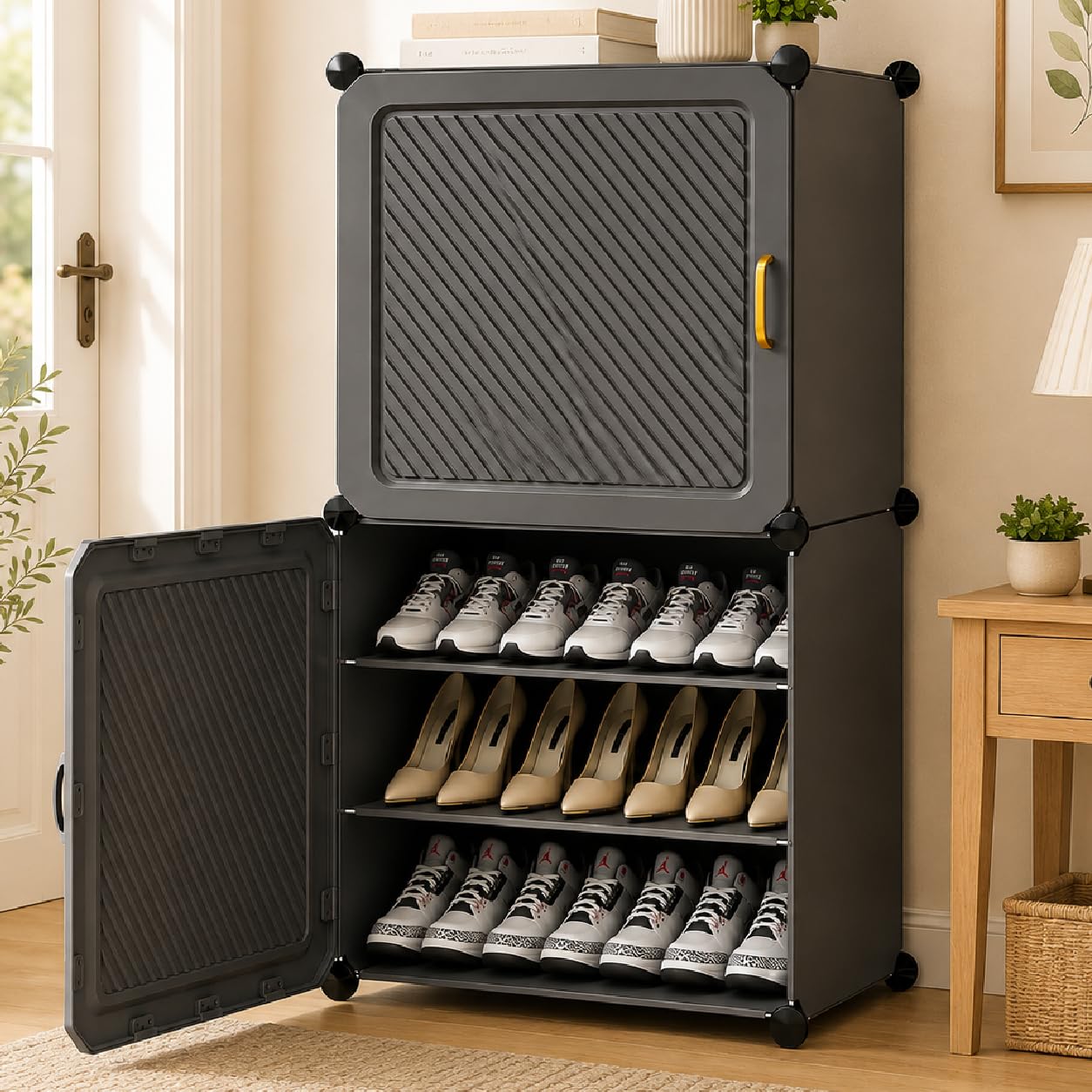 Mevigo Plastic Shoe Rack for Home with Door | 6-Tier Stackable Shoe Organizer | Holds 12 Pairs | Waterproof & Dustproof | DIY Modular Shoe Cabinet | Chappal Slipper Stand for Bedroom, Entryway | Grey
