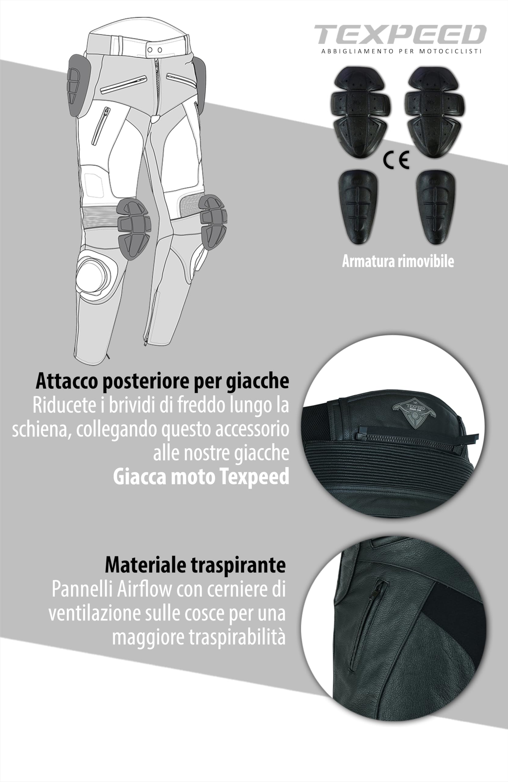 Texpeed – pantaloni da moto in pelle per uomo con protezioni – nero – pelle pieno fiore con sliders, protezioni EN 1621-1 - L Girovita/Gamba Lunga