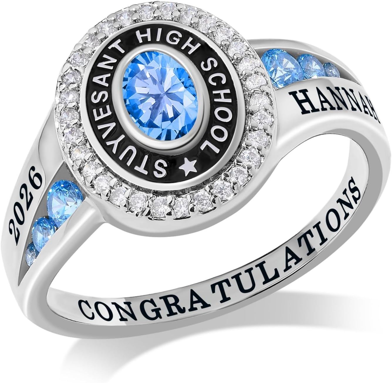 LucySky 925 Sterling Silver Custom Class Ring for Men Women, Personalized Graduation Ring with Birthstone Name, High School College Band Ring Graduation Jewelry for Her